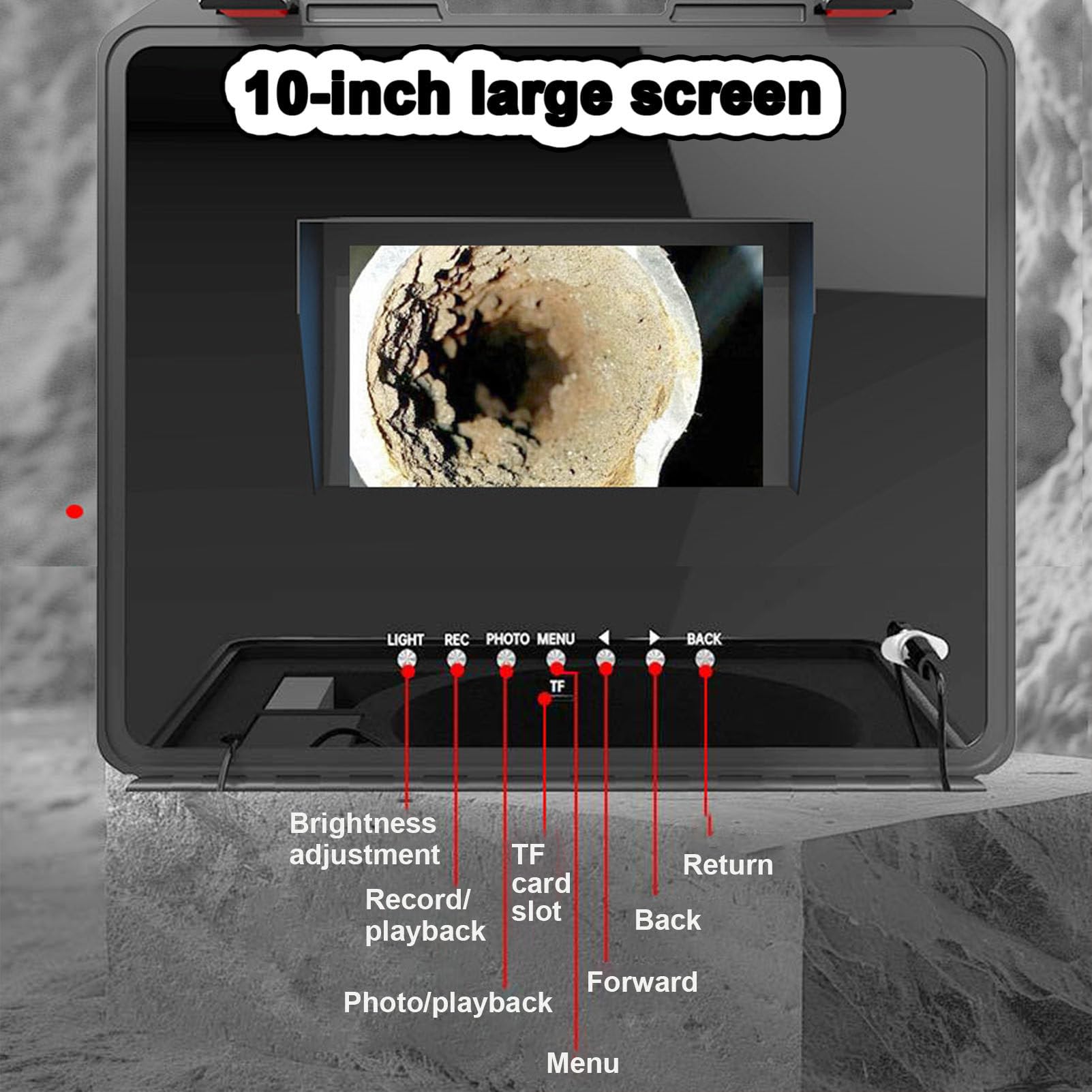 Kamera do kanalizacji, 10-calowa kamera inspekcyjna HD do kanalizacji z oświetleniem, rejestrator DVR, karta 4 GB, bateria 3000 mAh, wodoodporna kamera hydrauliczna IP68,ProbeDiameter23MM-30M