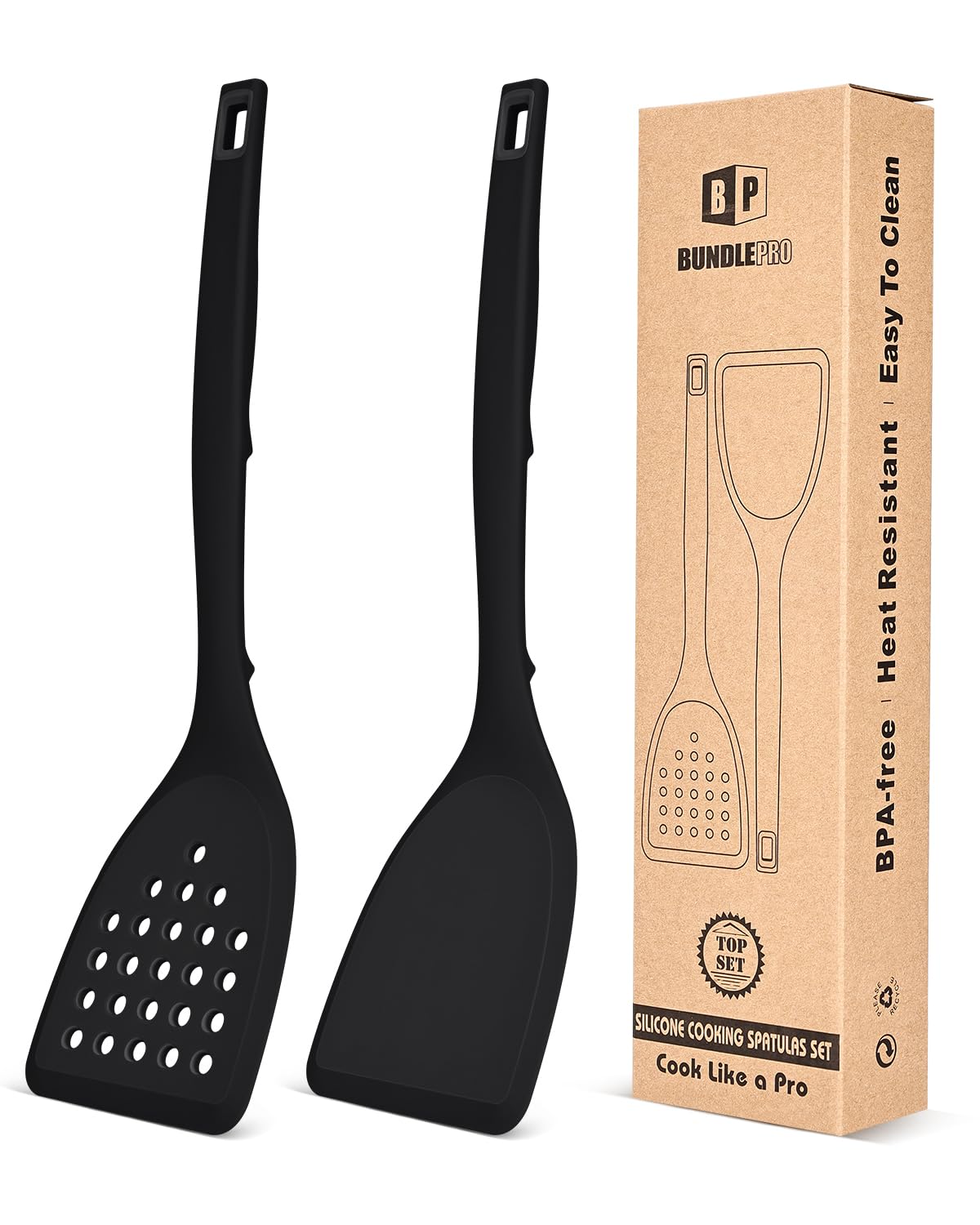Pack of 2 Silicone Spatula Turner, Non Stick Kitchen Spatulas Set with Back Hooks, Heat Resistant BPA Free Kitchen Utensils, Suitable for Flipping Fish, Eggs, Steak, Pancakes (Black)
