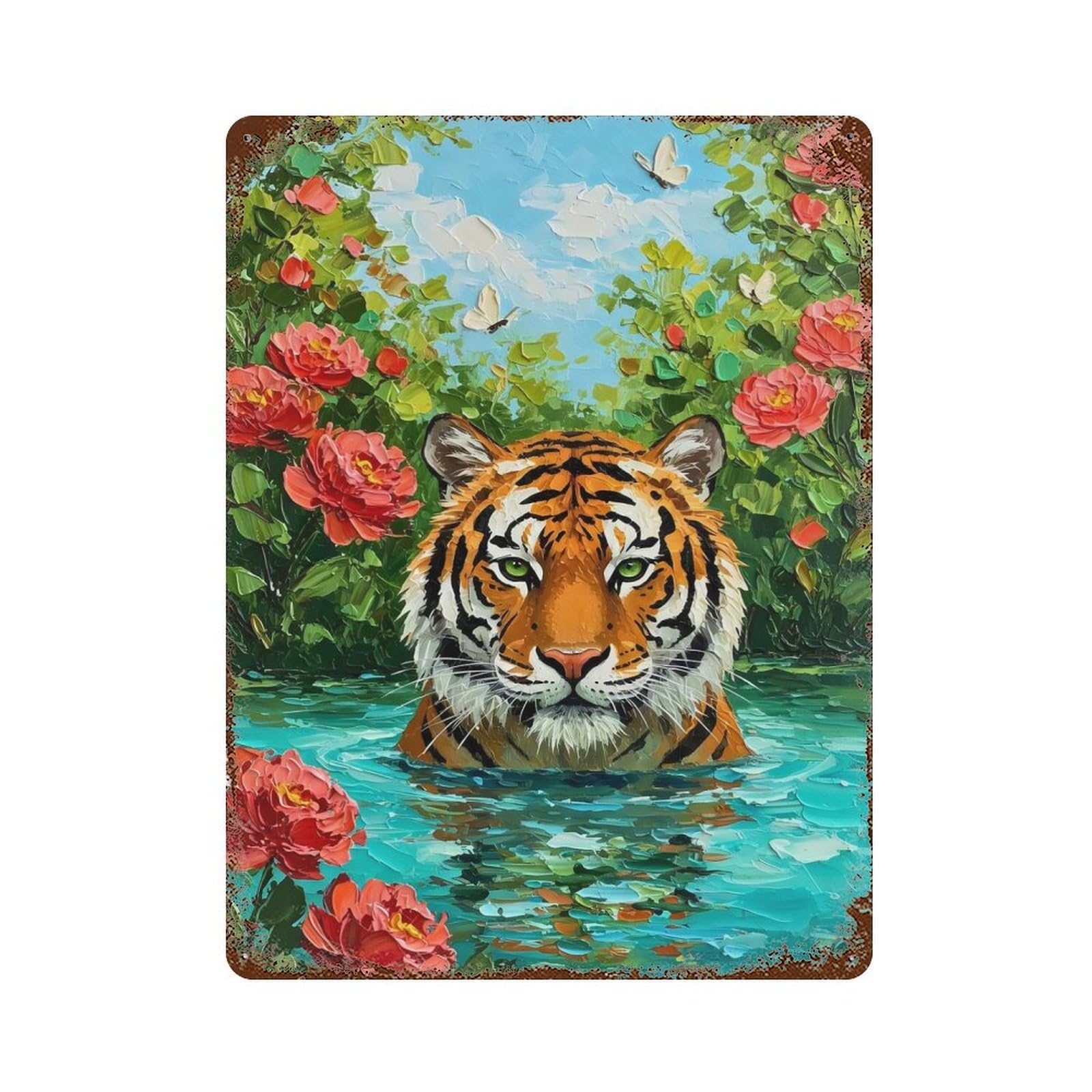 Tiger in Water with Flowers Painting Decorative Tin Sign 15.7"x11.8", Rustic Home Decor for Garage, Pub Or Kitchen