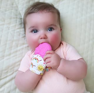 Nuby Happy Hands Silicone Teething Mitten: 3M+, Rainbow, Pink (80725)