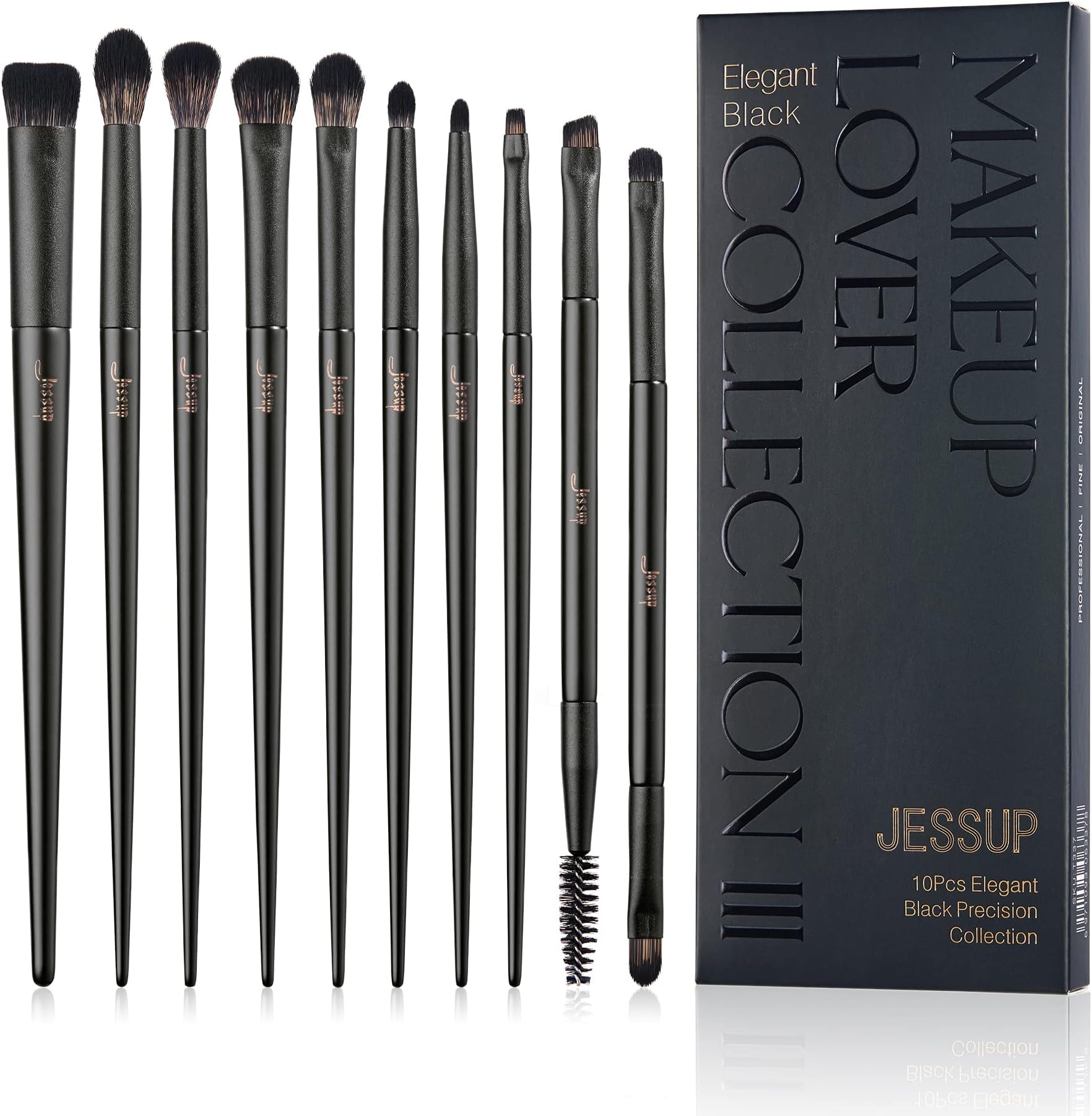 Jessup Eyeshadow Brush Set Eye Makeup Brushes Professional 10Pcs Blending Brush Eye Shadow Liner Brush Crease Brush Duo-end Brow Brush, Elegant Black T337