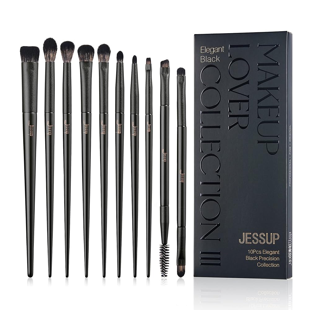 Jessup Eyeshadow Brush Set, 10Pcs Eye Makeup Brushes Professional for Blending Eye Shadow Liner Crease, Duo-end Brow Brush, Elegant Black T337