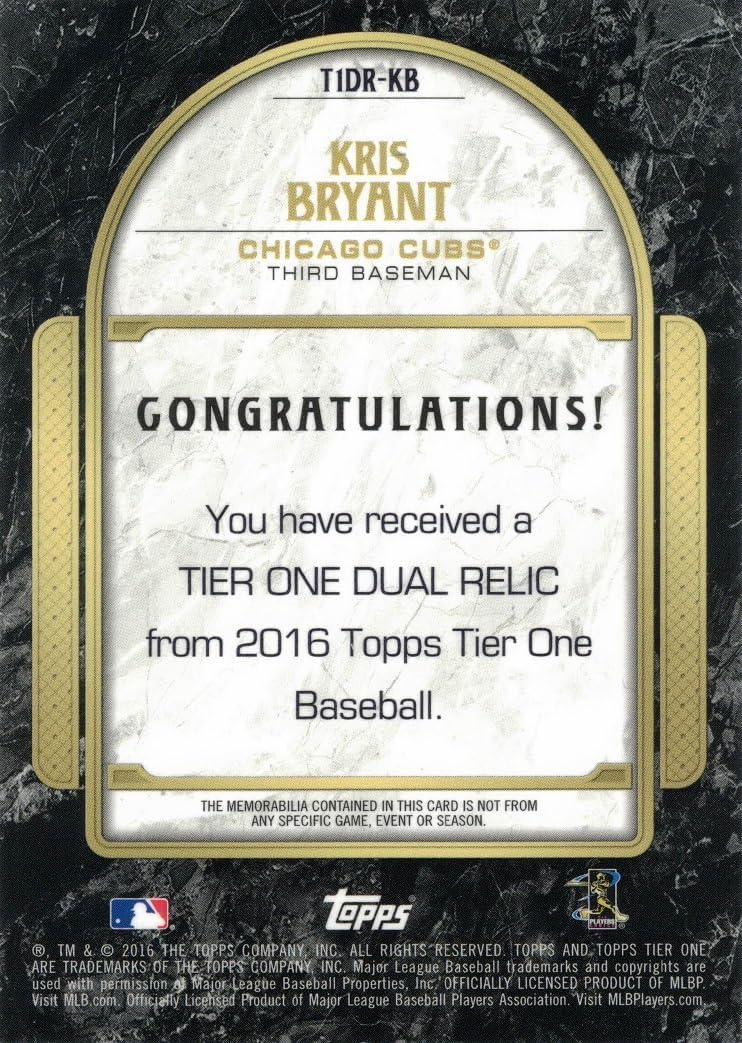 2016 Topps Tier One Dual Relics #T1DR-KB Kris Bryant Game Worn Cubs Jersey Baseball Card – Only 50 made!