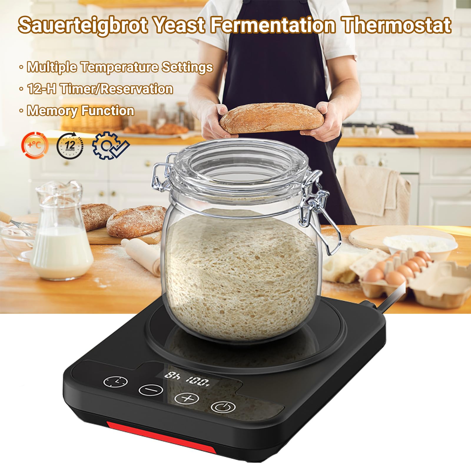 Calentador para Masa Madre con Control Preciso de Temperatura de 1° (21-38℃), Temporizador de 12H, Compatible con Tarros de hasta 40oz, Panadería Casera y Fermentación de Masa