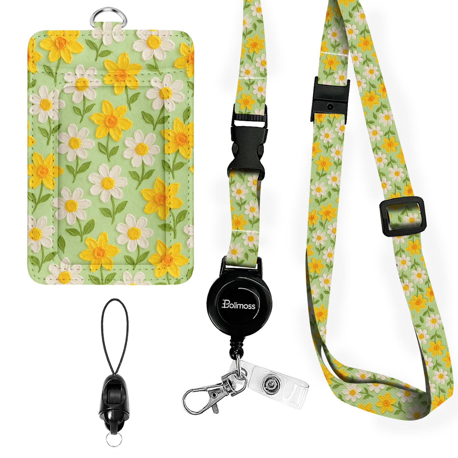 bolimoss Daisy Breakaway Lanyards for Id Badges, Cute Flower Leather Badge Holder with Retractable Adjustable Lanyard ID Name Badge Card Holder with Safety Quick Release Buckles for Women Teacher