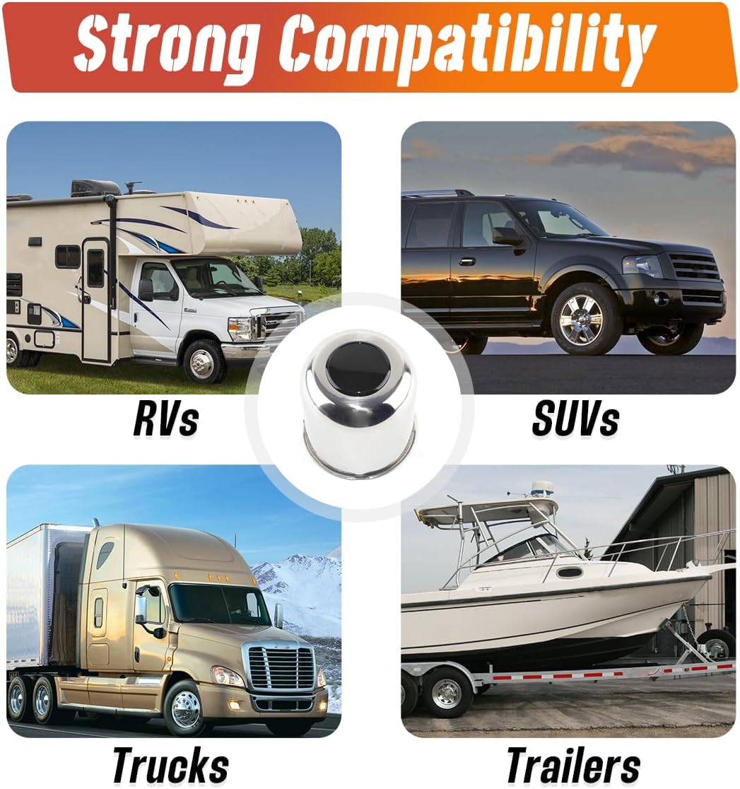 4-Pack Trailer Push Through Center Caps and Trailer Lug Sets - 4.25in Wheel Center Caps Chrome with Black Top Cover Stainless Steel Hub Cap with 24 One-Piece Chrome Lug Nuts for Truck RV SUV