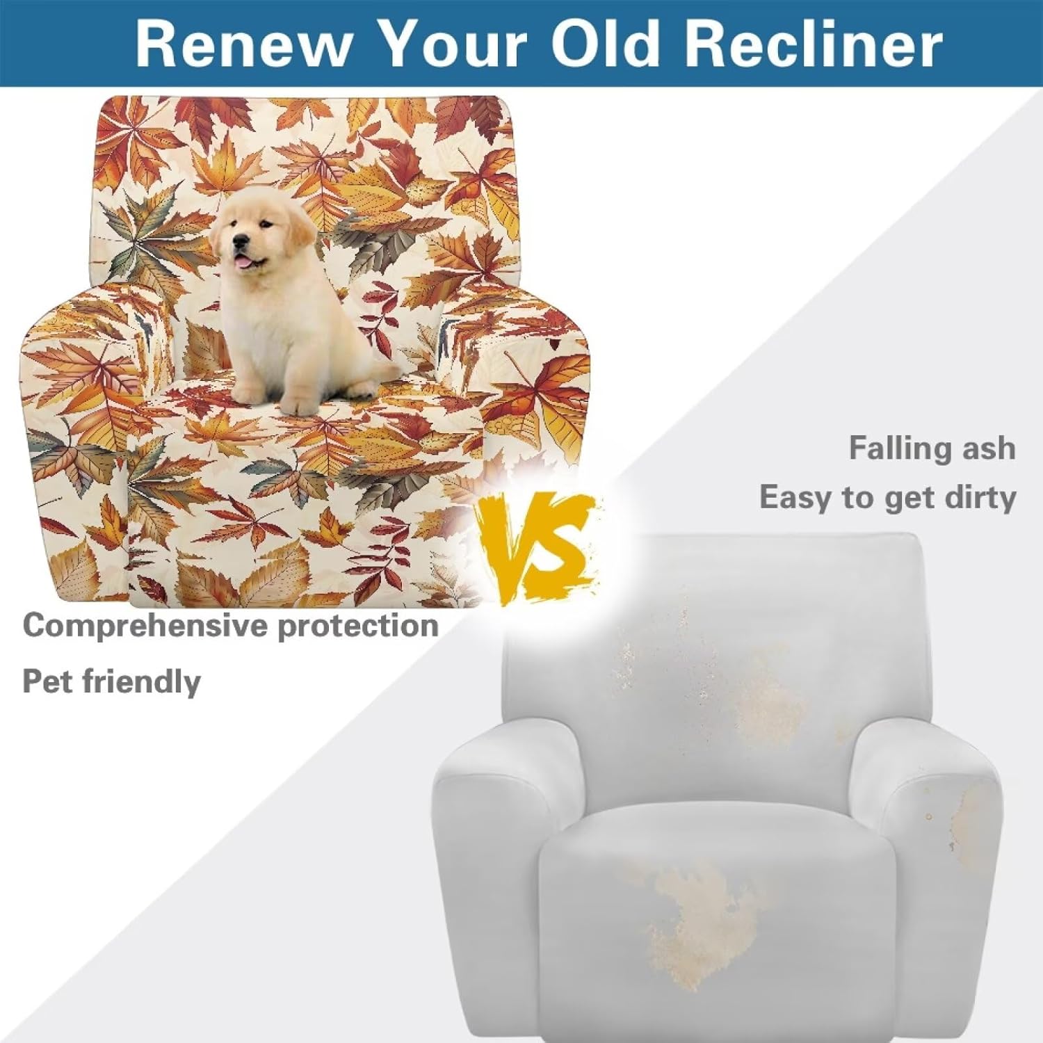 FOR U DESIGNS Fall Maple Leaves Recliner Slipcover with Elastic Loops Side Pockets Machine Washable Protective Cover for Reclining Chairs Living Room Furniture