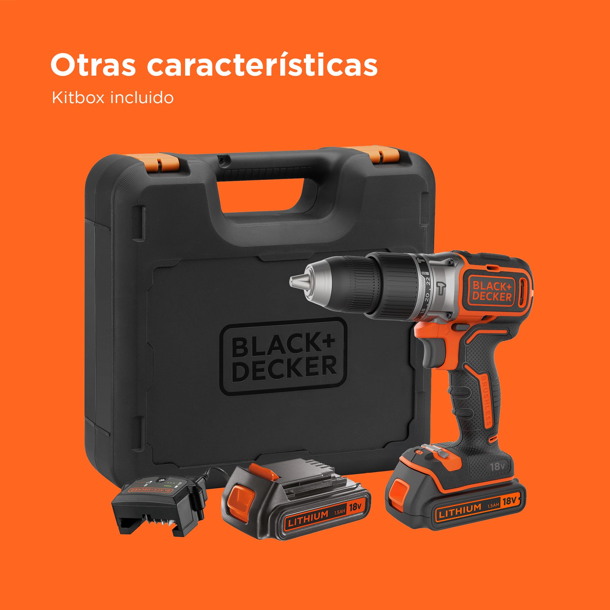 BLACK+DECKER Taladro percutor sin escobillas de 18V y 2 marchas, 28.000 BPM, 52Nm de par, incluye 2 baterías de 1,5Ah, cargador y kitbox, BL188KB-QW