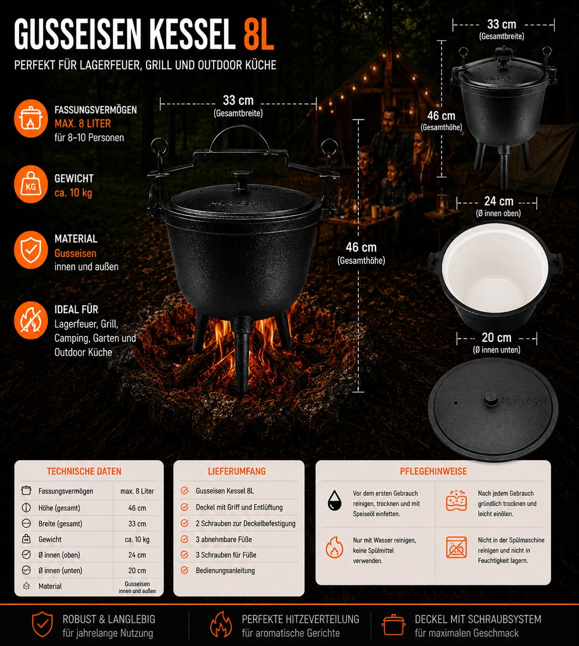Hervidor de hierro fundido esmaltado 8L 10L con tapa y patas – Cacerola holandesa para cazador, olla para fogatas, barbacoa, camping, olla de hierro húngaro (8 litros)