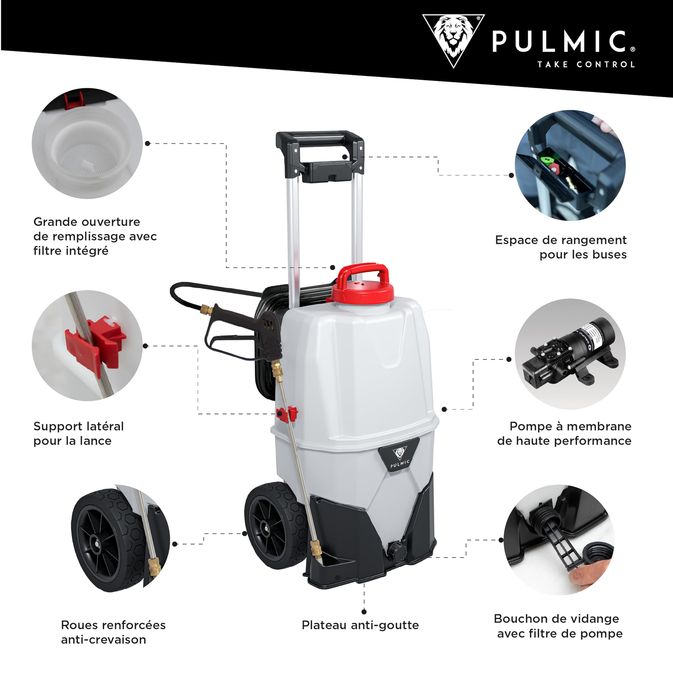 PULMIC TAKE CONTROL Pulvérisateur électrique industriel 35 l'application de désinfectants et de dégraissants. 35L. 7 Bar. jusqu'à 3hrs d'autonomie,2 batteries au lithium amovible,Accessoires inclus