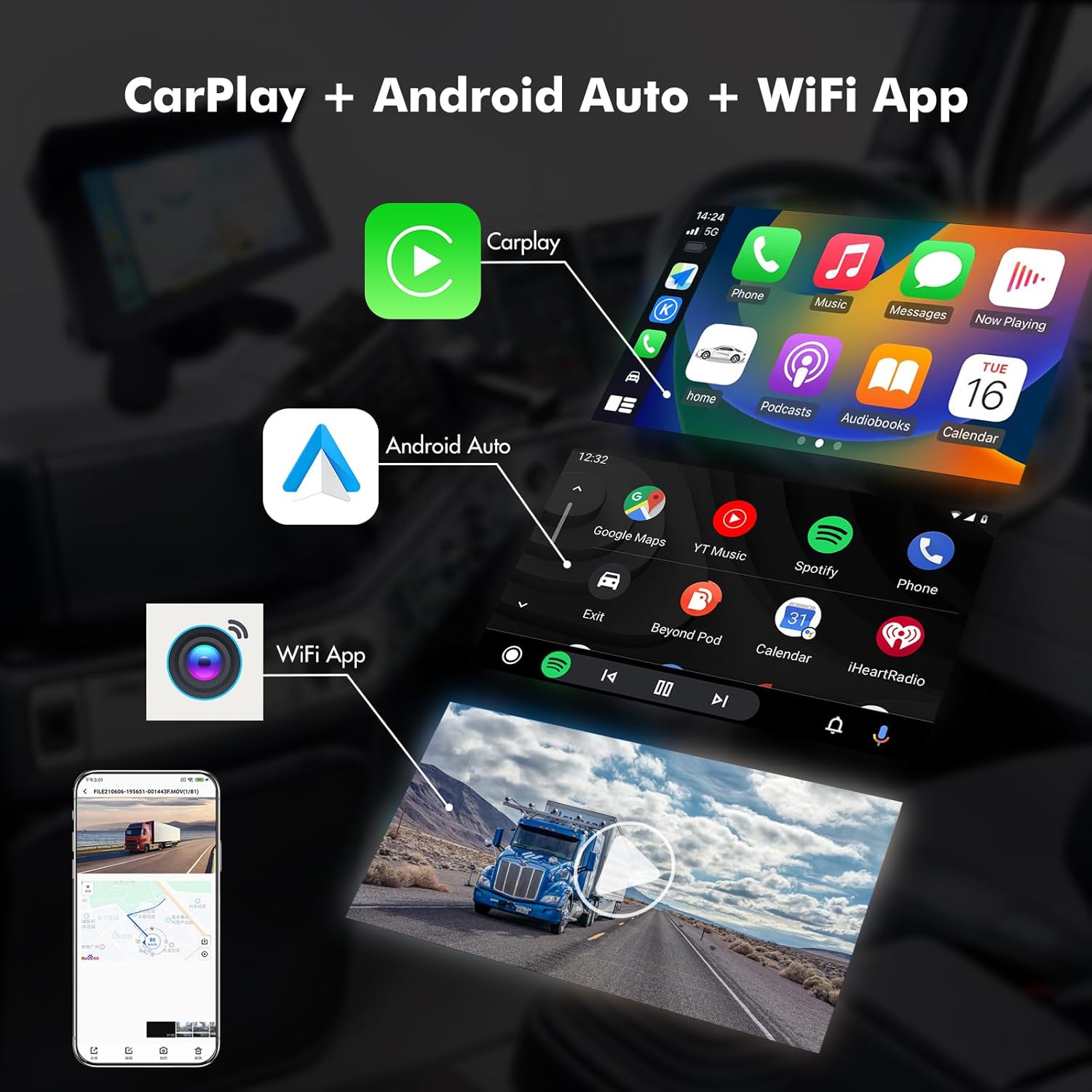 VSYSTO Truck Carplay, 5" Touchscreen WiFi 3CH Truck Dash Cam, GPS Navigation, Parking Monitoring, Front and Left and Right Cameras, Infrared Night Vision, Wired Controller, Temperature Display 3 71dpNLv0LCL. AC SL1500