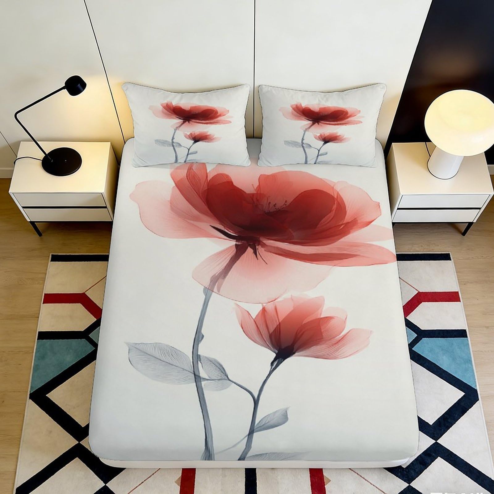 3D Printed Red Watercolor Flower Fitted Sheet Microfiber Soft Breathable Artistic Blossom Mattress Cover Bedroom Decor 90x200x25cm