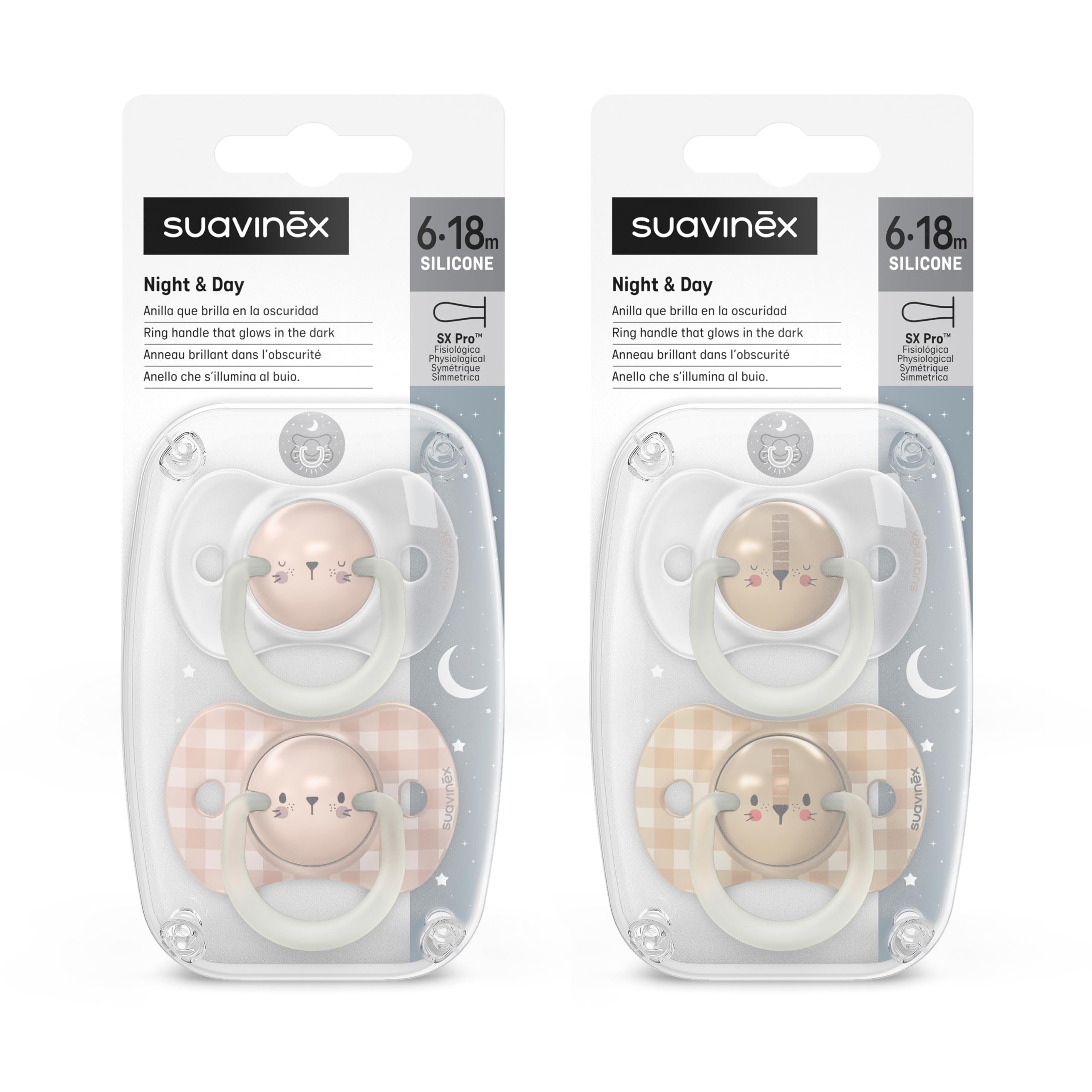 Suavinex, Confezione da 4 Ciucci Night and Day, Ciucci Fluorescenti per Dormire, per Bambini 6/18 Mesi, con Tettarella in Silicone