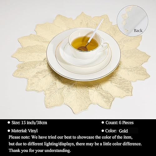 Miniatura 3 de Paquete de 6 manteles individuales redondos dorados de vinilo prensado metálico, fácil de limpiar, aislamiento térmico, tapetes para comedor,