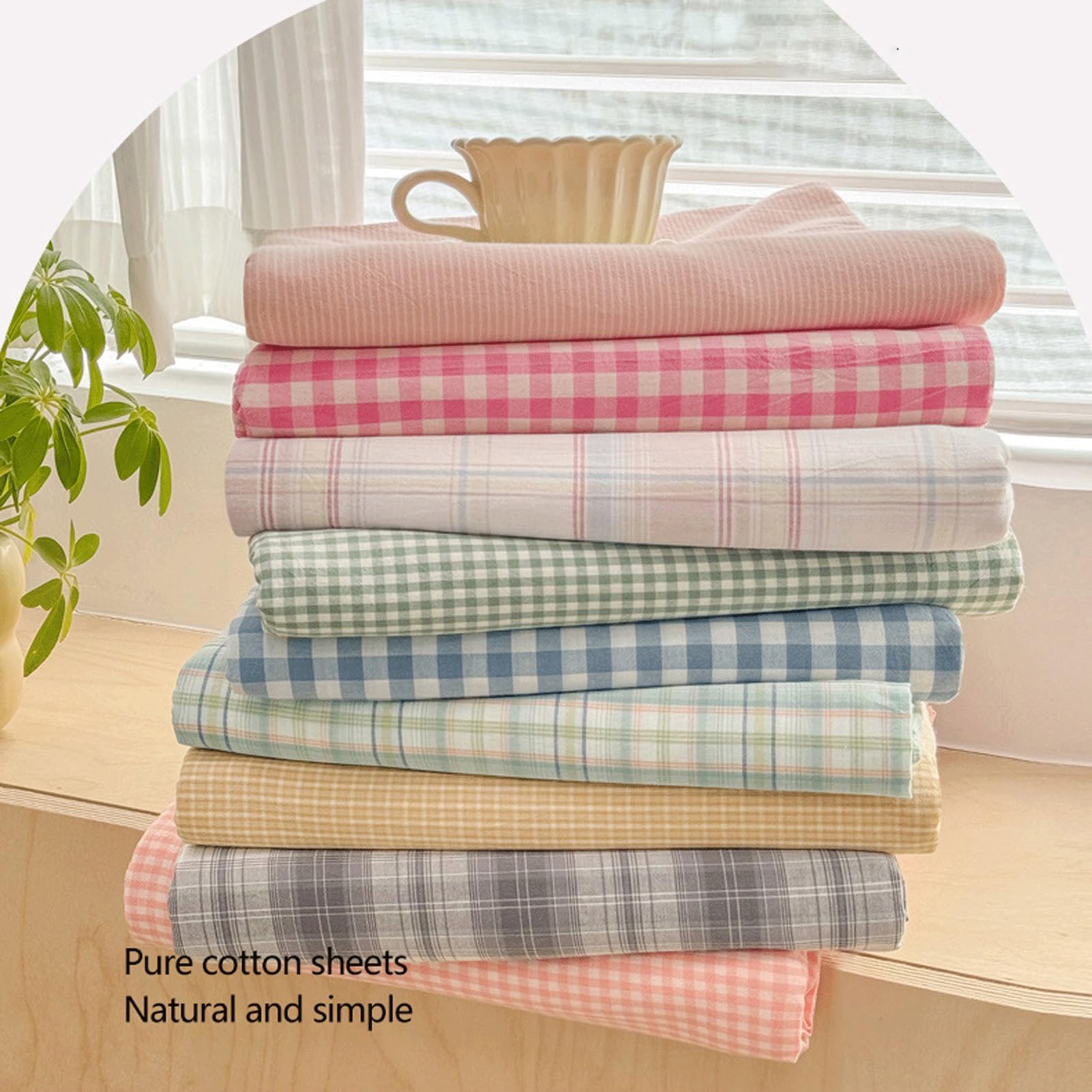 Sabanas Encimera Rayas a Cuadros 120x230cm a 245x270cm de Algodón Lavado Sábana Plana para Cama 90cm a 200cm Clase A Ultra Suave y Transpirable(Pink B,200x230cm+48x74cm x2)