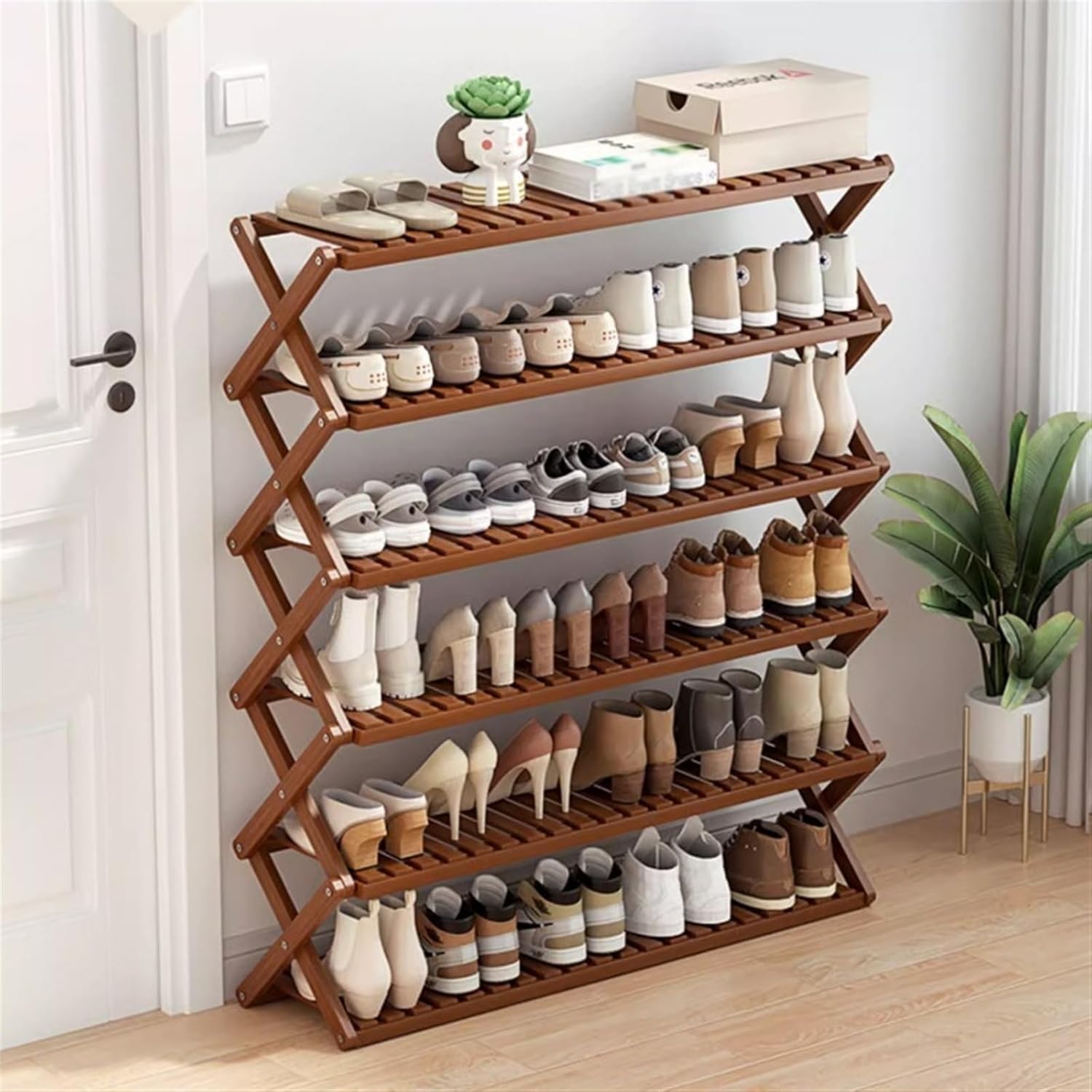 Stackable Foldable Shoe Rack, Shoe Rack Organizer, Space Saving Shape Structure Free Standing Shoe Storage Shelf for Entryway Closet Bedroom Shoe (Color : Natural, Size : 5-Layers 70cm) (N