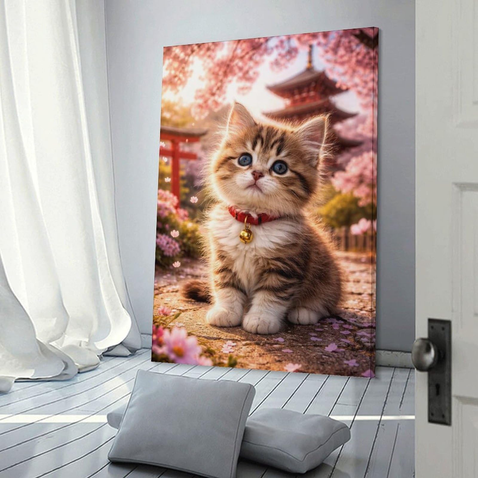 Junmoney Frame-Style-21 Decorative Wall Artwork Cute Kitten In Cherry Blossom Garden, 24X36inch(60X90cm), For New Homes, Bedrooms Or Workspaces, Canvas Artwork With Gifting Potential
