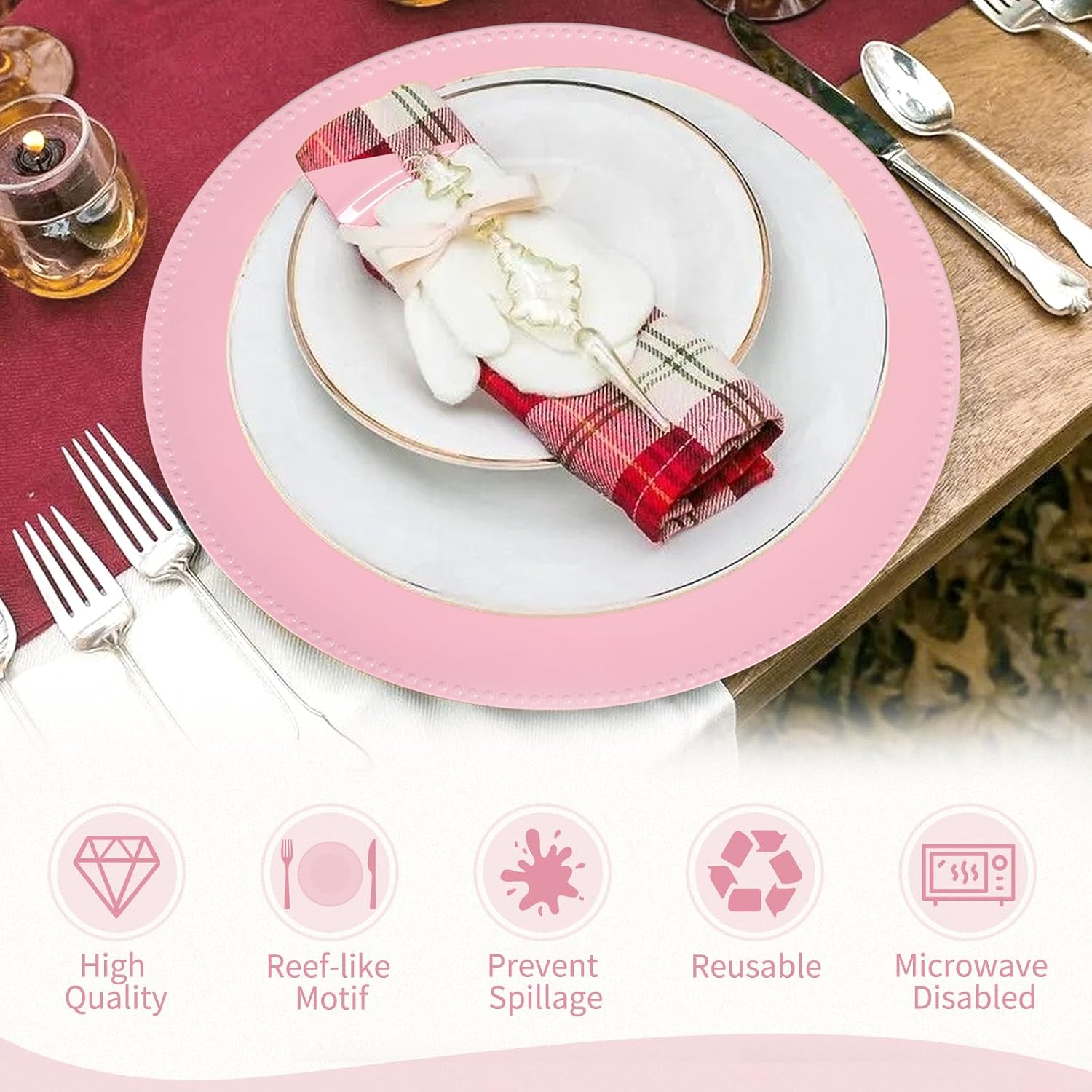 fani 50 Pcs Pink Charger Plates Bulk, 13'' Round Beaded Charger Plates