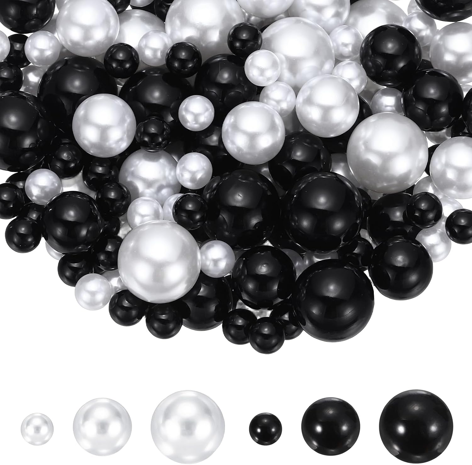 280Pcs No Hole Pearl Beads, 8/14/18mm Vase Fillers Faux Pearl for Crafting Filling Home Party Decorations Wedding Centerpieces, Black/White