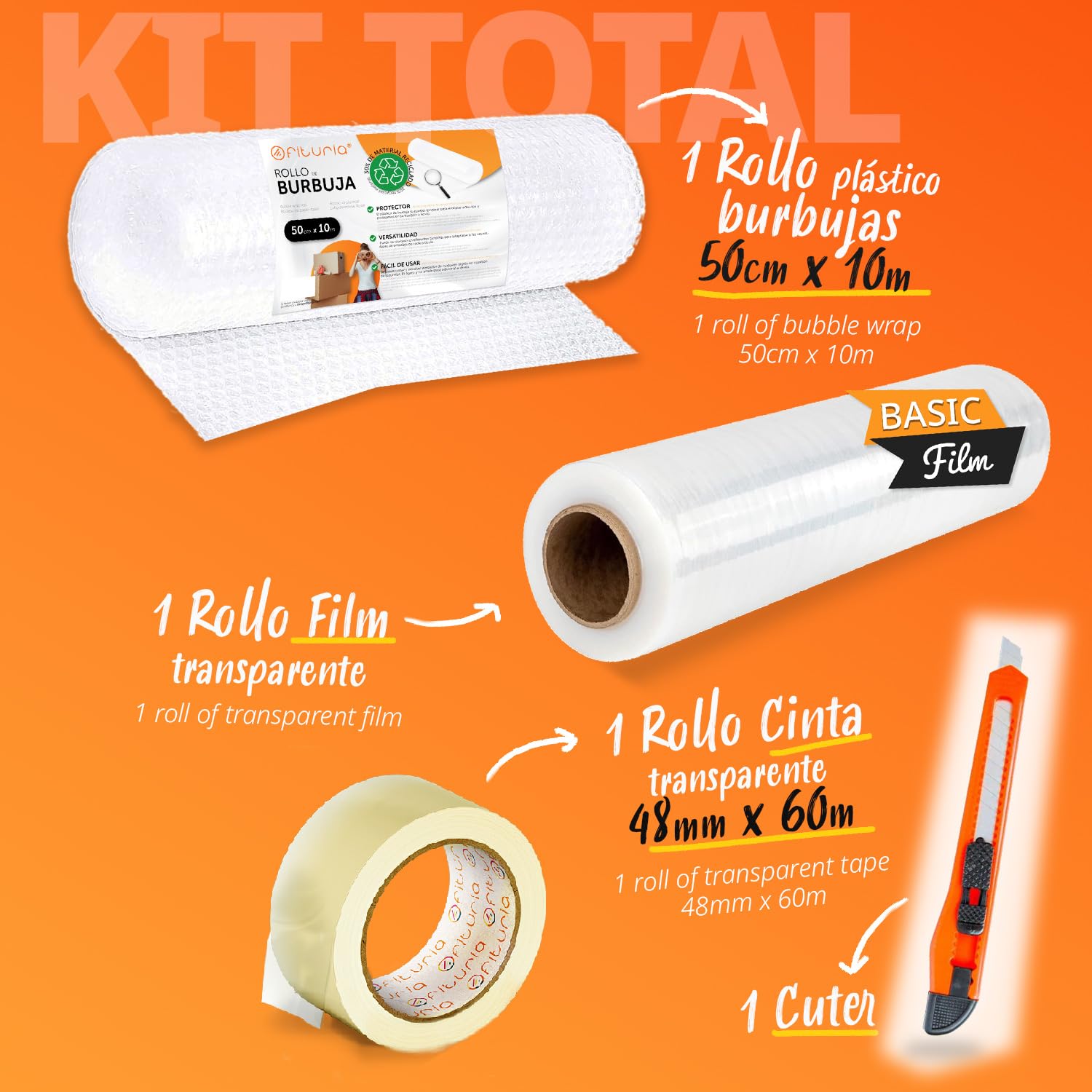 Cinta Adhesiva, Film Transparente y Rollo Burbujas para Embalaje de Cajas y Muebles, Kit de Embalaje Completo, Protección ideal para Envíos y Mudanzas - Ofituria (Kit Total)