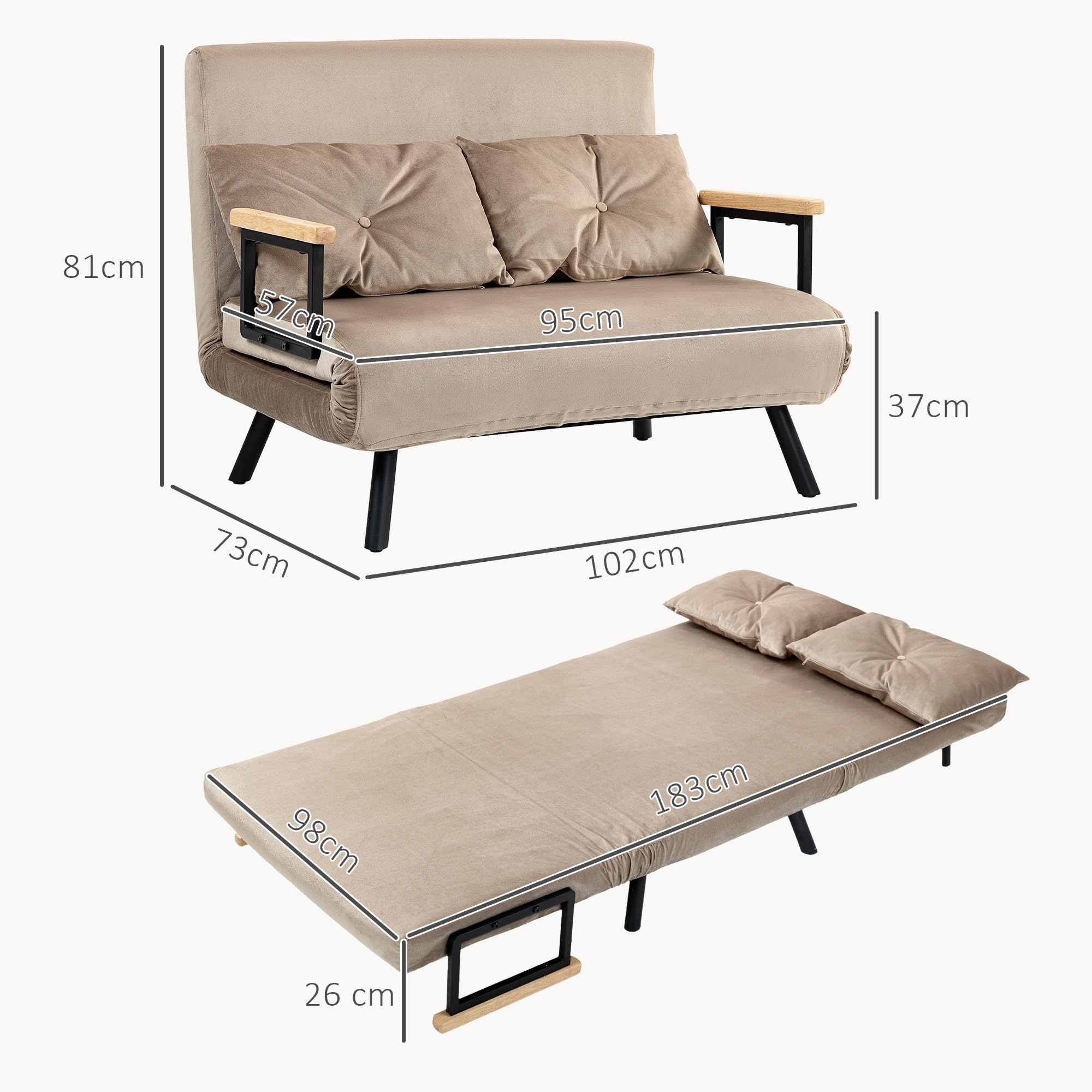 HOMCOM sofa rozkładana 4 w 1 2-osobowe z funkcją spania, 183 x 98,5 cm składana kanapa do spania z 5-stopniowo regulowanym oparciem, poduszką lędźwiową i welurowym wykończeniem dla salonu