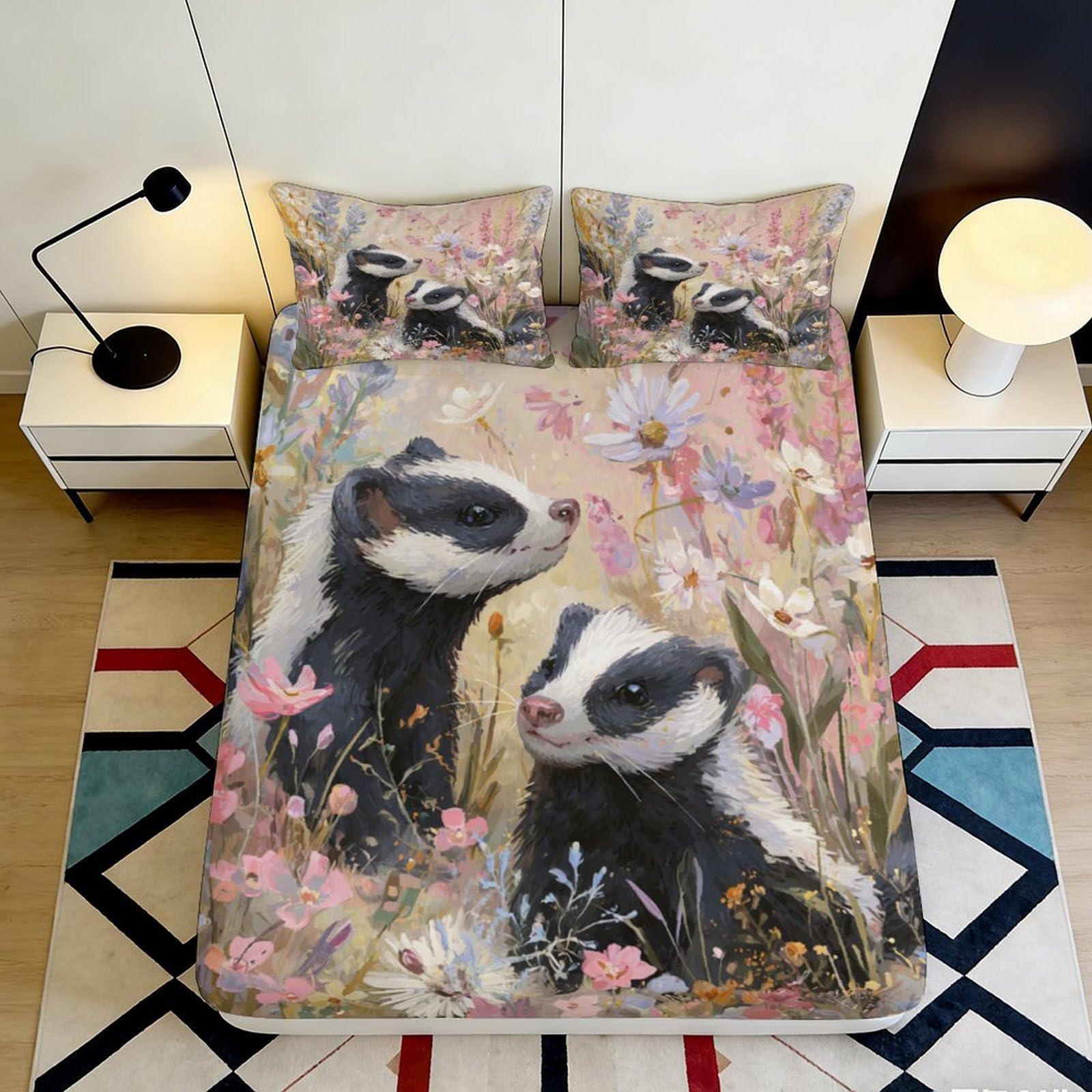 3D Printed Pastoral Skunk Fitted Sheet Microfiber Soft Floral Meadow Bed Cover for Bedroom Guest Room Mattress Protection Decor 90x200x25cm
