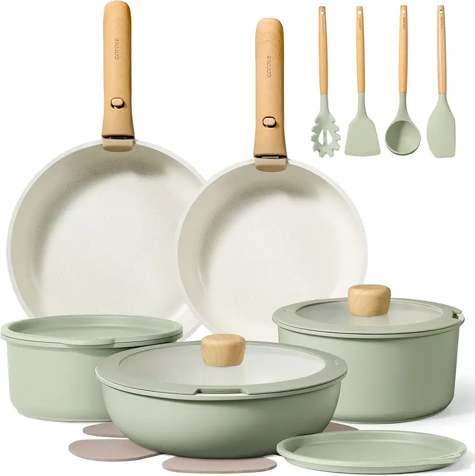 CAROTE Pots and Pans Set, Nonstick Cookware Set Detachable Handle, 19pcs Induction Kitchen Cookware Sets Non Stick with Removable Handle, RV Cookware Set, Oven Safe, Sage Green Recycled Claim Standard Blended