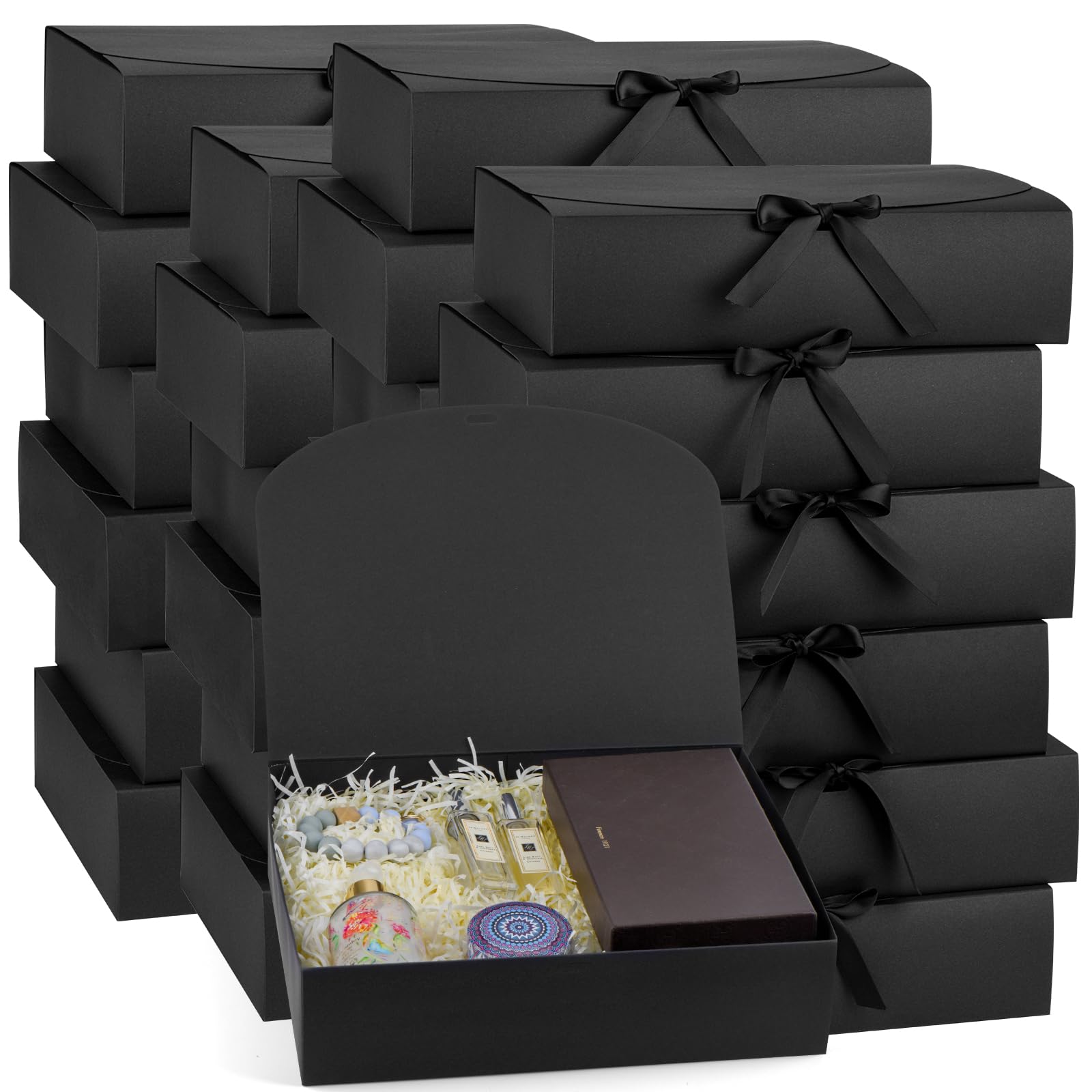 Confezione da 24 scatole regalo con coperchio, 30 x 24 x 7 cm, scatole regalo di lusso nere con nastro, per matrimoni, imballaggi, regali, compleanni (nero)