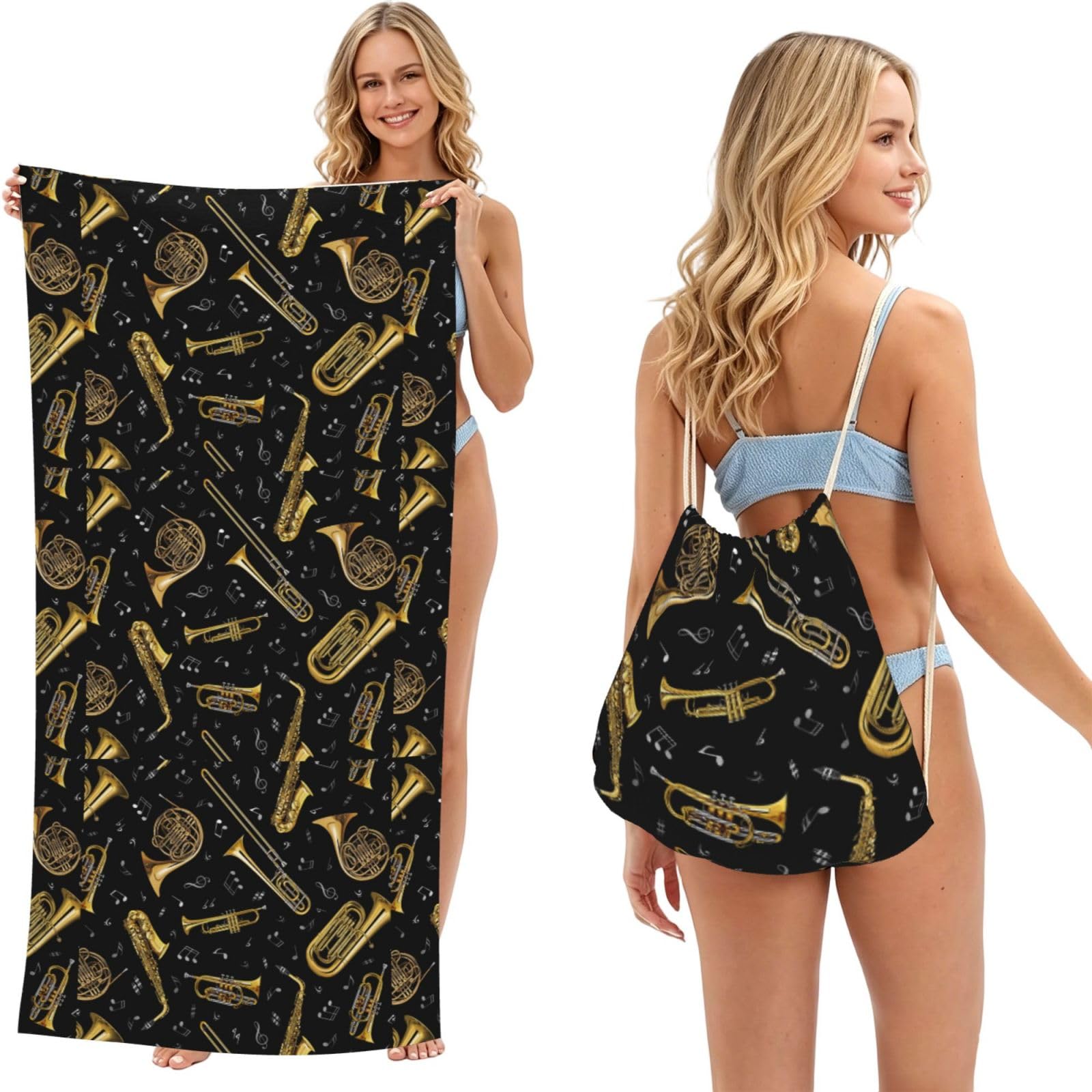 Poadnly As Picture Trumpet Musical Notes, 2 In 1 Packable Towel Bag, Beach Towels With Drawstring Backpack For Travel Holiday Camping