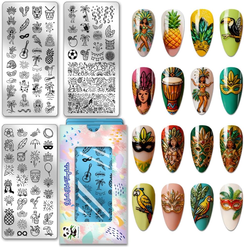 PH PandaHall 135 Patterns Mardi Gras Nail Stamping Plates 3pcs Carnival Nail Art Templates Musical Instrument Manicure Art Stencils Letter Nails Stamper for Women Celebration Manicures Salon Printing