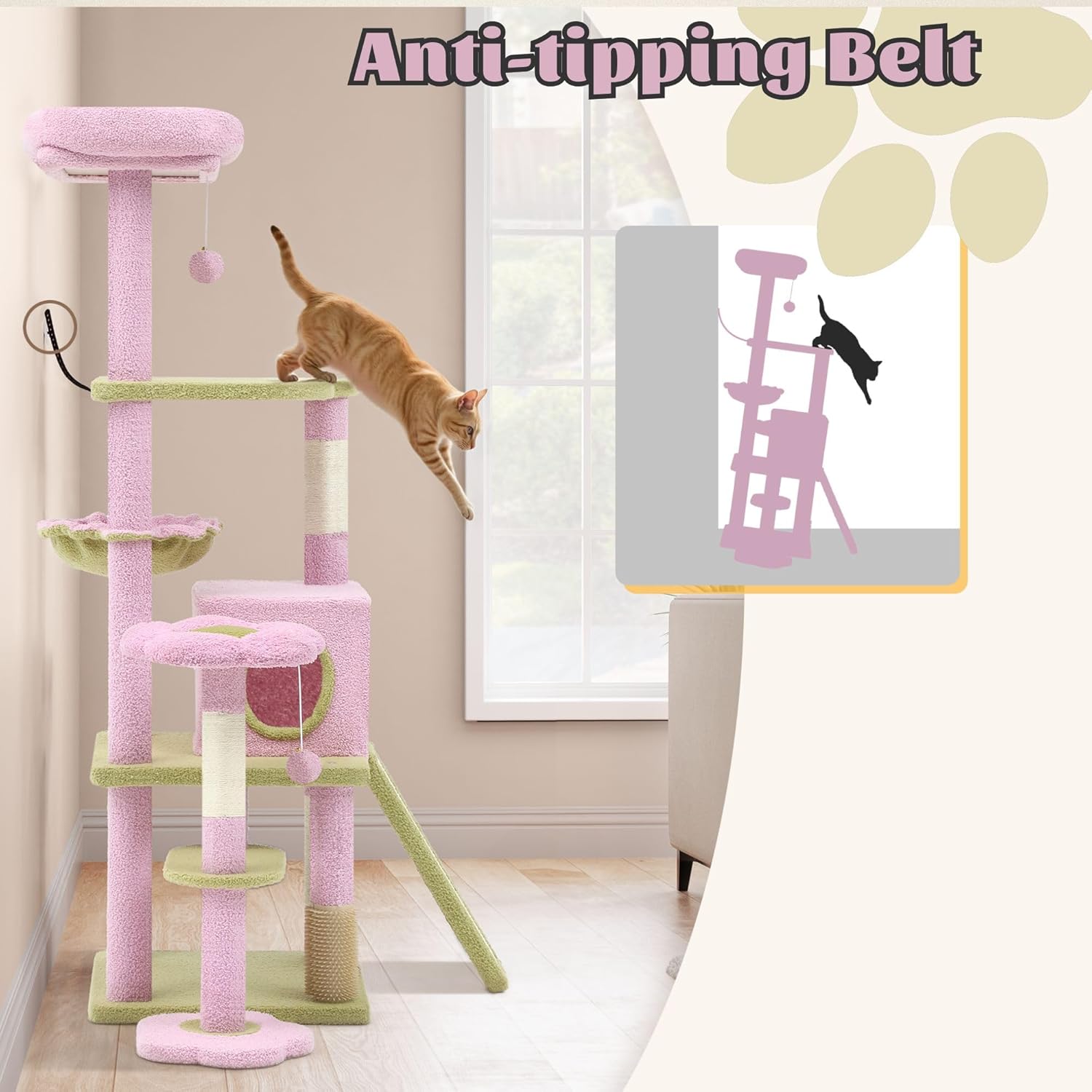 DWVO Flower Cat Tree for Large Cats: 61" Tall with Self-Grooming Brush, Cute Kitten Climbing Tower for Indoor Kittens with Cat Condo, Top Perch, Basktet, Sisal Scratching Posts, Dangling Ball
