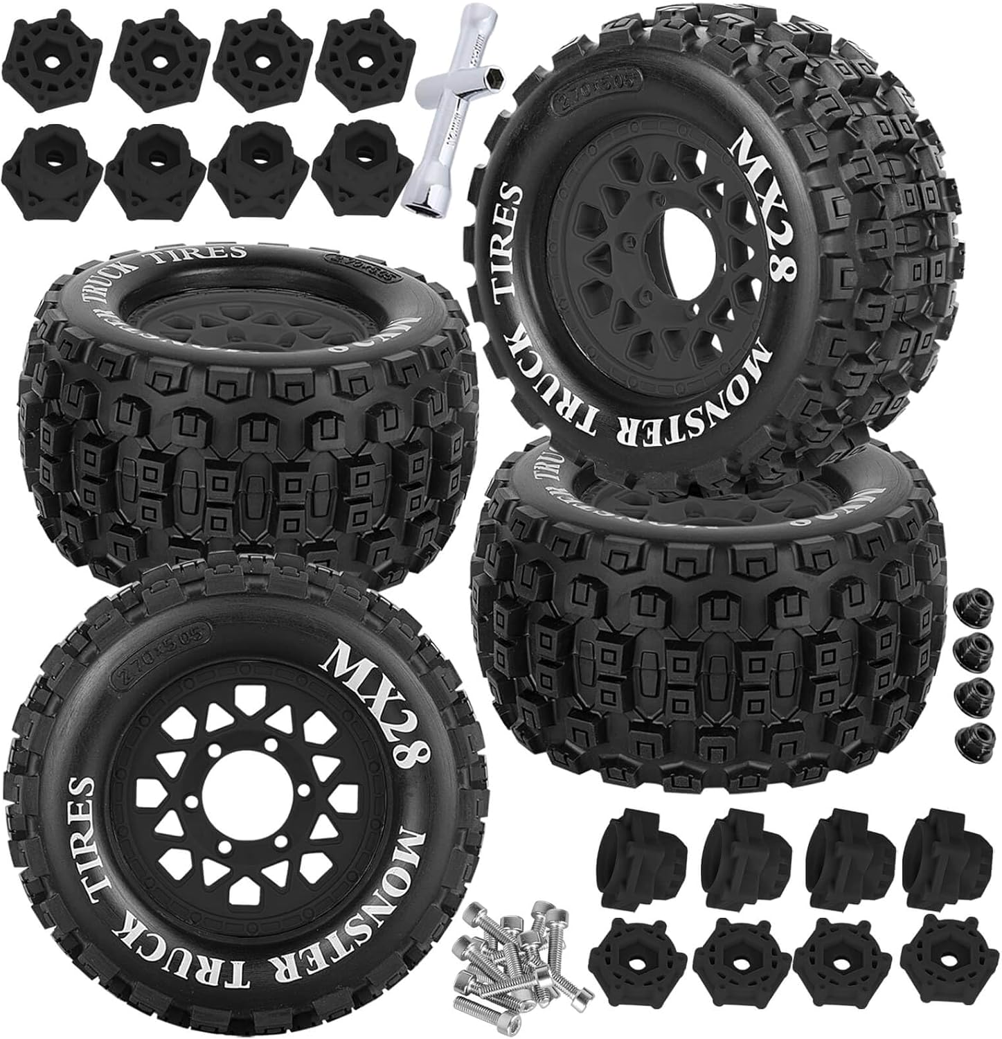RC MX28 2.8" Truck Tires Wheel for 1/10 Big Rock Granite Vortek 3s/Stampede Rustler RC Car,RC Wheels Tires w/12mm/14mm Replaceable Hex,Soft Tires Plastic Wheels,Green(4PCS)