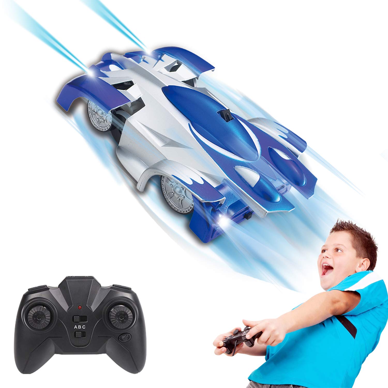 Pup Go Remote Control Wall Climbing Racing Car, Dual Mode 360° Rotating Stunt Gravity Defying Rechargeable Light, RC Radio Controlled Toys Best Gift for Boys Girls Kids Age 3 4 5 6 Year Old Blue