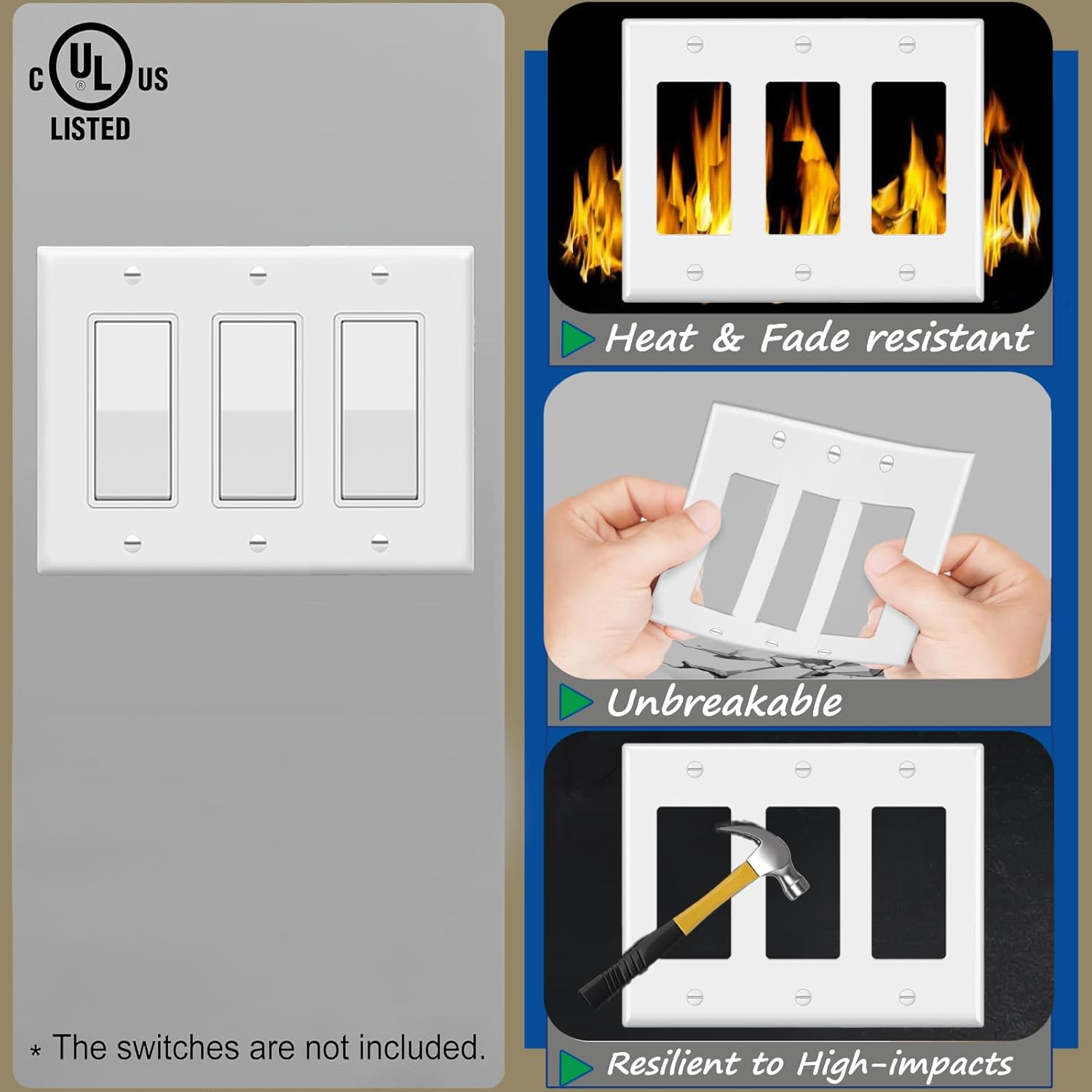 Light Switch or Receptacle Outlet Wall Plate,Smooth Face, White,3-Gang Standard Size 4.50" x 6.38",Unbreakable Polycarbonate Thermoplastic,UL Listed,2-Pack