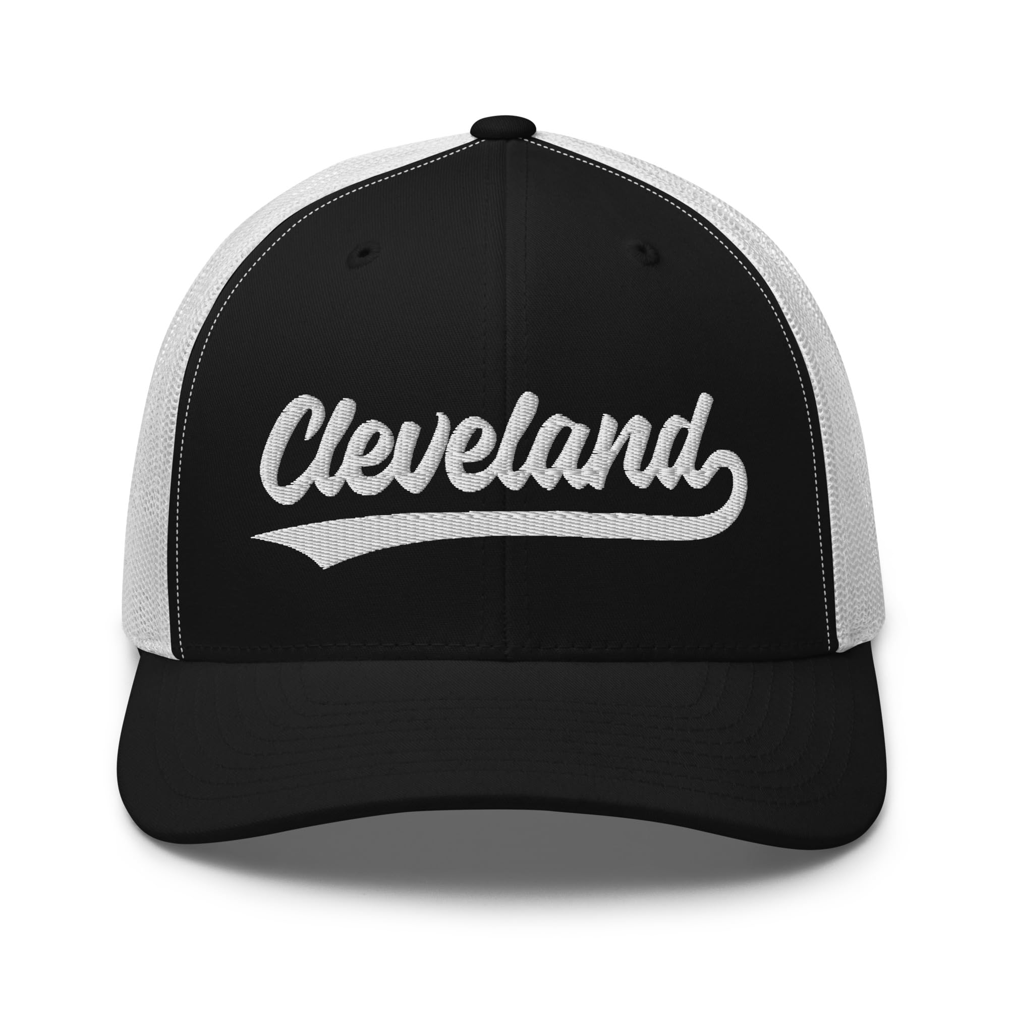 Vintage Cleveland Script Mesh Retro Cleveland Trucker Hat Cap Black/White
