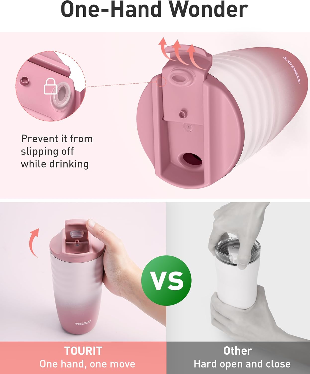 TOURIT 16 oz Travel Coffee Mug, Insulated Stainless Steel Travel Mug with Lid, Leak-Proof Double-Wall Vacuum Tumbler, Reusable Coffee Cup - Rose - Image 4