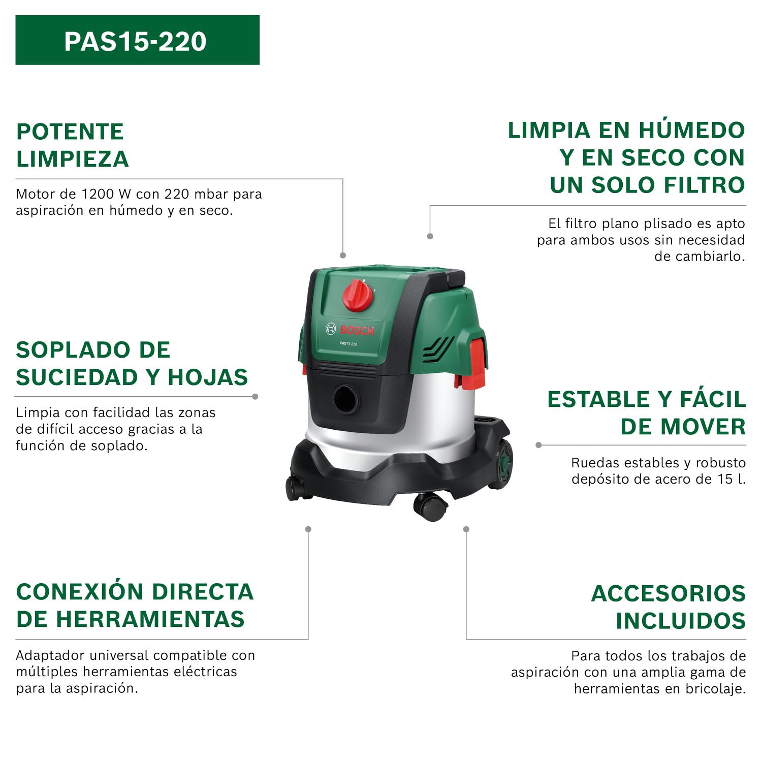 Bosch Aspirador con Cable PAS15-220 (Tubos de extensión (plástico), Manguera de aspiración de 2,2 m, Tubo Flexible/acodado, boquillas para Suelos y Ranuras, Filtro Plisado Plano, UniversalAdapter)