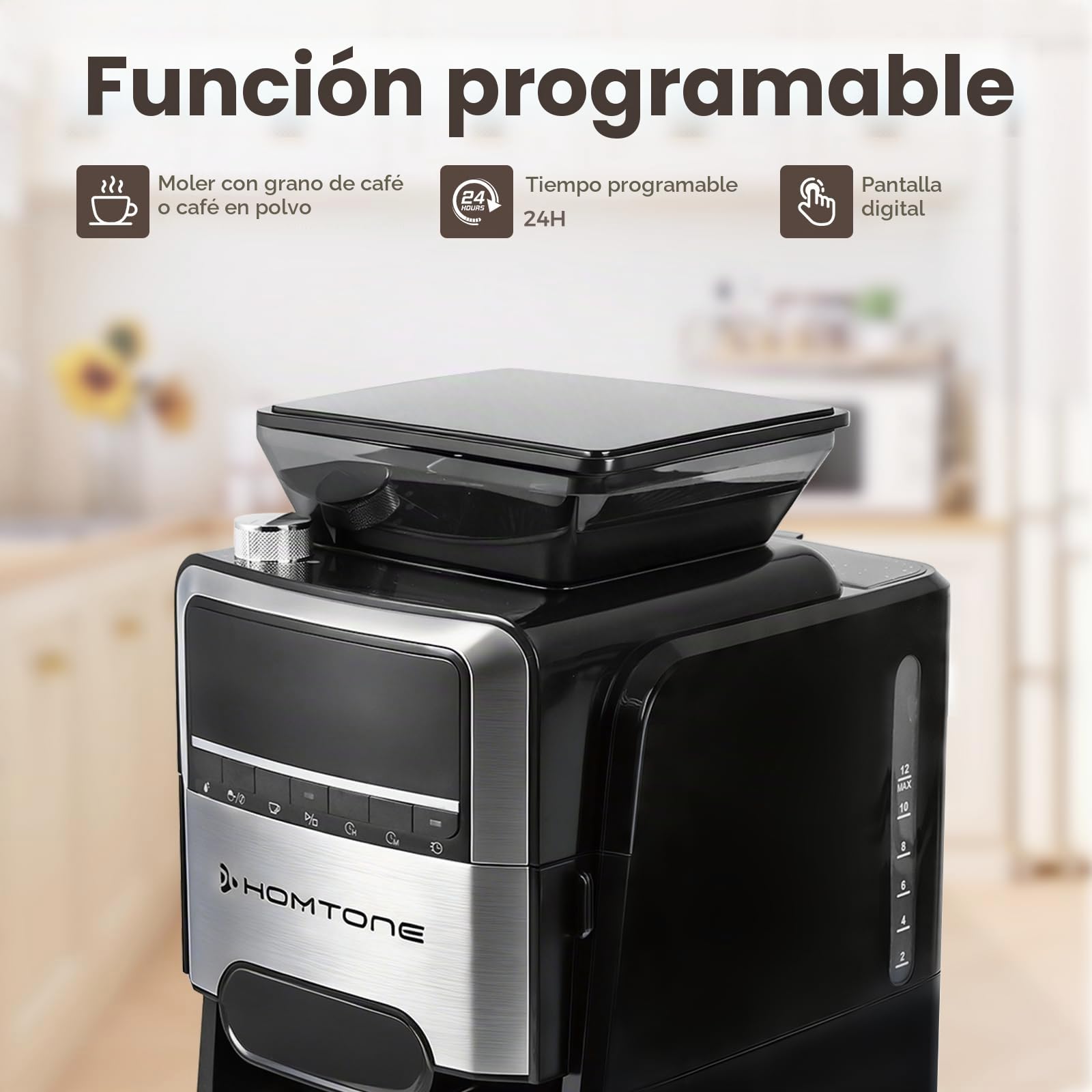 Homtone Cafetera con Molinillo Cónico, Termostato de 24 Horas, Filtro Termostático, Jarra de Vidrio de 12 Tazas, Filtro Metálico Permanente, 1400 W, para Café en Grano y Molido.