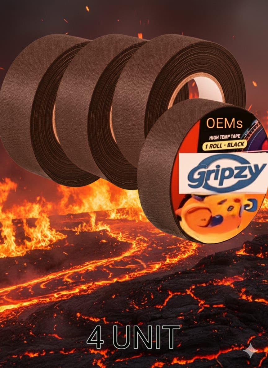 Gripzy Pack of 4 Automotive Wiring Harness PET Fibre Cloth Tape (19mm x 50ft) | 0.20mm (200 Micron) Thick | -40°C to +180°C Heat Resistant, Waterproof, Fire & Noise Dampening. 3