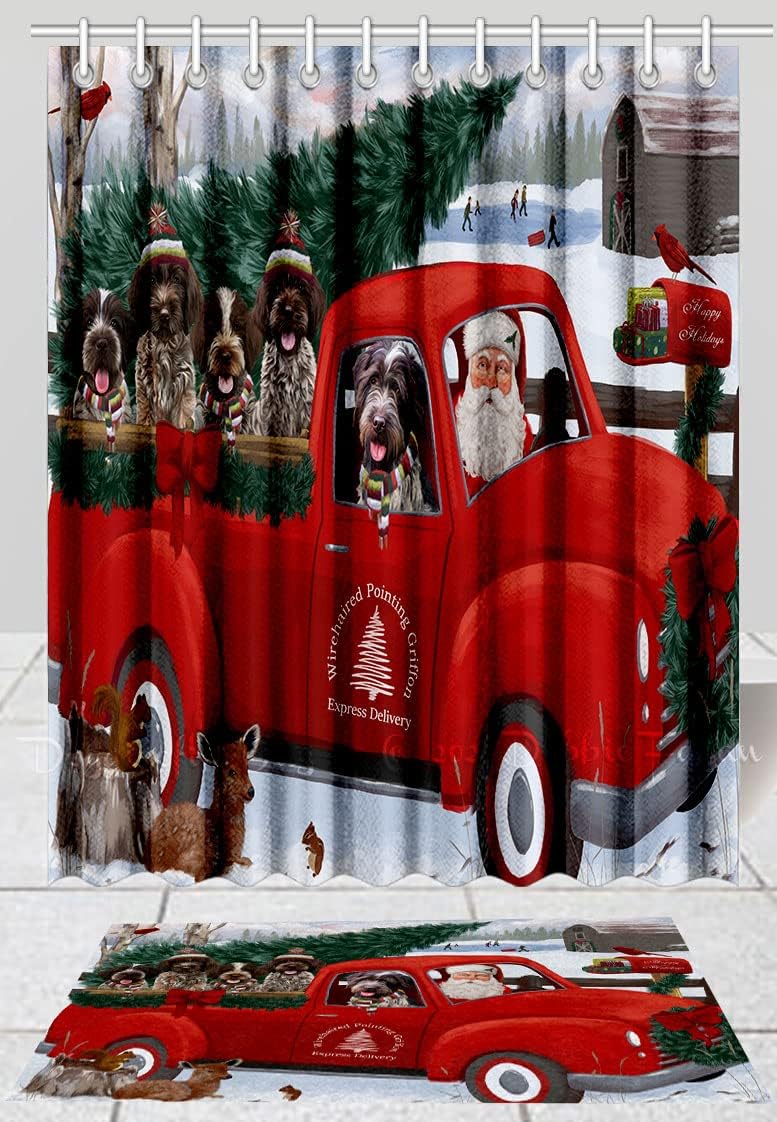 Christmas Santa Express Delivery Red Truck Wirehaired Pointing Griffon Dog Shower Curtain & Bath Mat Combo - Bathroom Rug Mat Polyester Bathtub Curtain Screens, BM 16''x 28'', SC 60"x72"