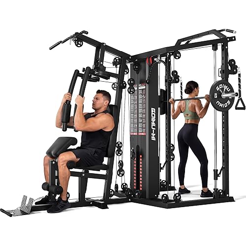 DM01 Dual-Station Smith Machine Home Gym, 140LB Weight Stack with LAT Pull-Down & Leg Press, All-in-One Workout Station for Couples & Family Strength Training