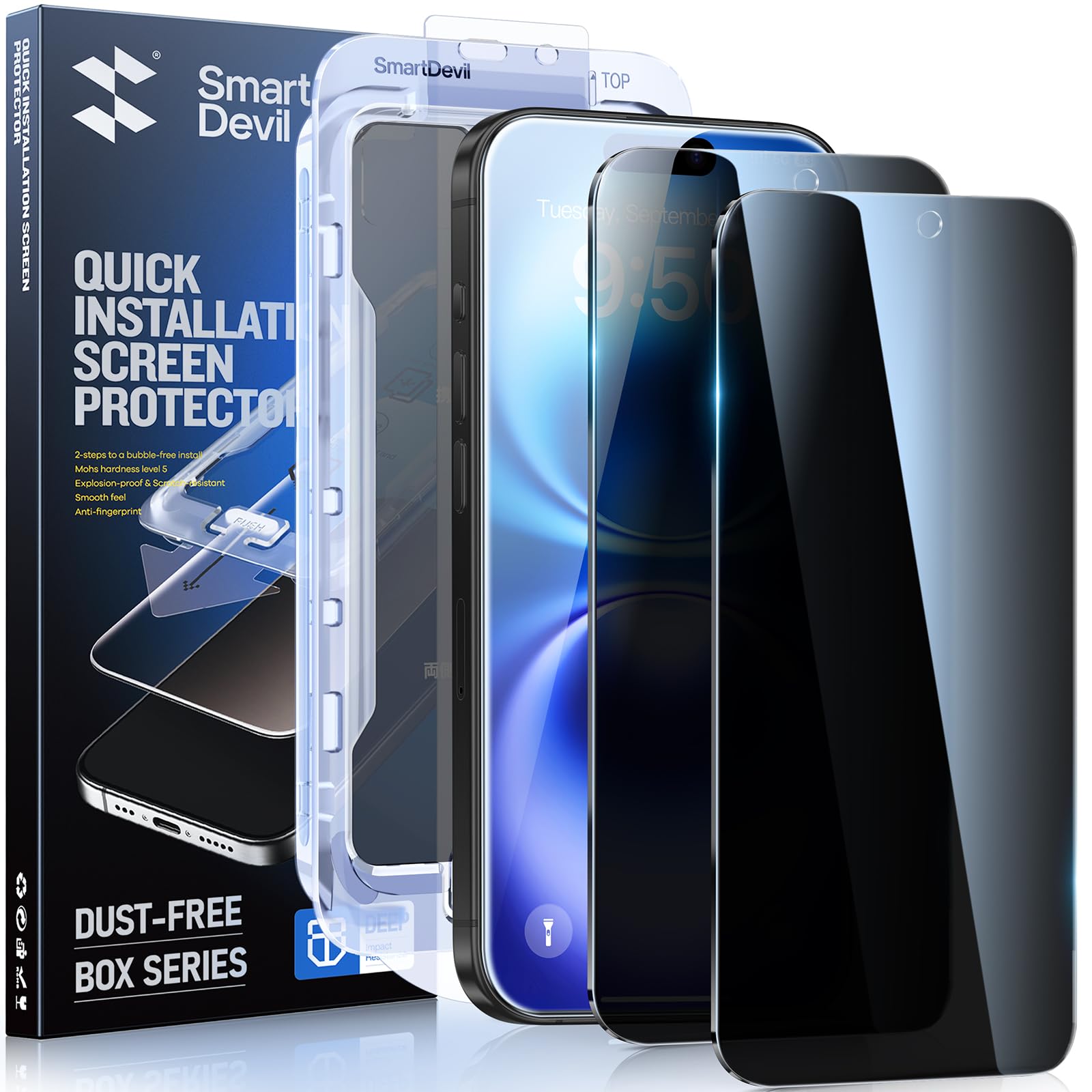 SMARTDEVIL2PACK Privacy Screen Protector for iPhone 16 Pro Shatterproof Tempered Glass [True 28°Anti Spy] [9H Hardness] [Auto Dust-Elimination Install] [Bubble Free]