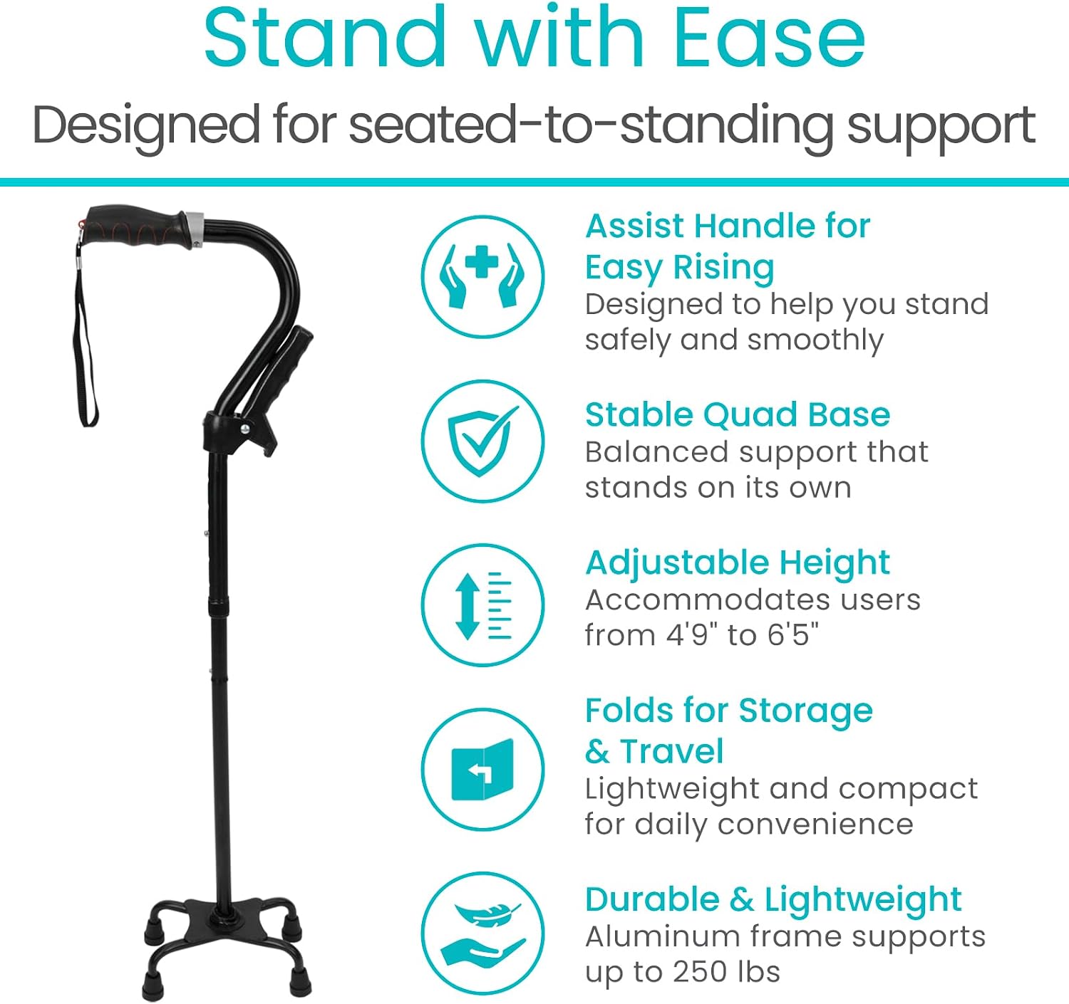Vive Quad Canes - 4 Prong Folding Cane with Extra Handle for Men, Women & Seniors - Walking Sticks, Adjustable & Lightweight - Upright Offset Aid for Balance Support for Elderly, Handicap & Disabled