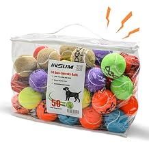 INSUM Squeaky Tennis Balls for Dogs, 50 Pack 2.5 Medium Dog Toys Balls | Durable Non-Toxic Outdoor Dog Toys Balls with Mesh Bag, SGS Certified, Colorful Fetch Toys, Medium Large Breeds Squeaky