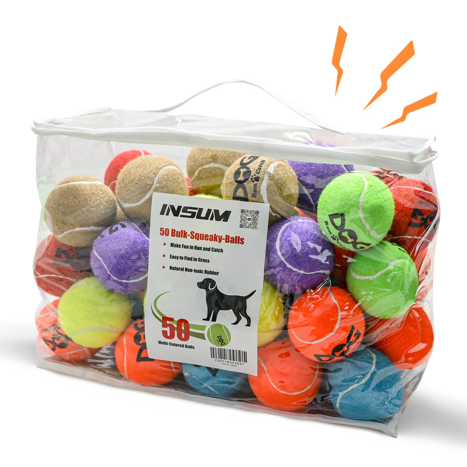 INSUM Quietschende Tennisbälle für Hunde, 6,3 cm, langlebig, ungiftig, Outdoor-Hundespielzeug, Bälle mit Netztasche, SGS-zertifiziert, buntes Apportierspielzeug, mittelgroße und große Rassen, 50 Stück