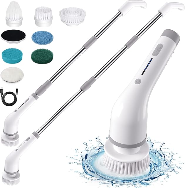 Electric Spin Scrubber, Cordless Cleaning Brush with 7 Replaceable Brush Heads & Adjustable Long Handle, Automatic Power Scrubber Shower Cleaning Tool for Bathroom Tub, Floor, Tile, Kitchen, Car