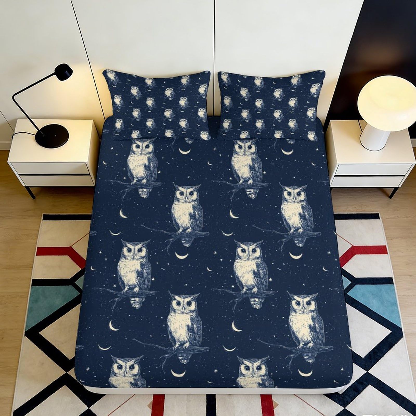 3D Printed Owl Design Fitted Sheet Microfiber Deep Pocket Bedroom Bedding Owl Mattress Fitted Cover Elastic Hem Non-Slip Washable for Adults Teens 140x200x25cm