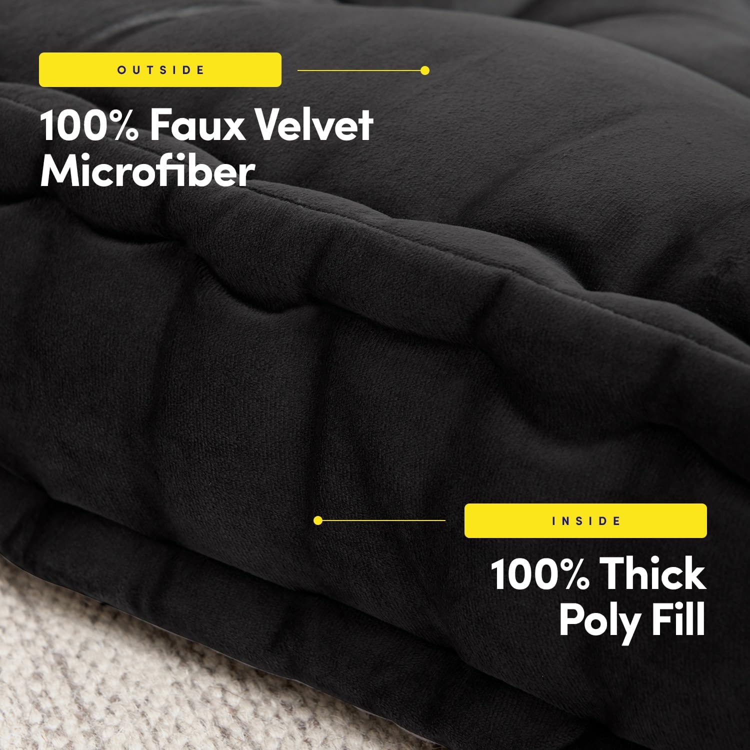 Sweet Home Collection Floor Pillow Large Square Tufted Decorative Cushion. Faux Velvet Fabric Ultra Thick Fill for Kids and Adults, Black(Pack of 1)