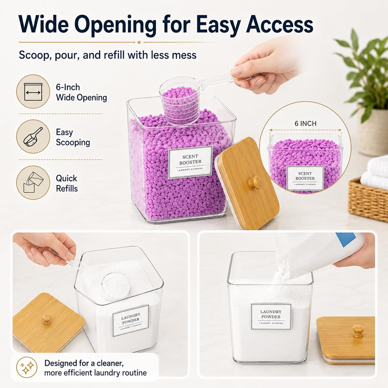 4+1 Pack Acrylic Laundry Pods Containers & Dryer Sheet Holder & Laundry Detergent Container, Laundry Room Organization and Storage with Lids, Labels and Scoops for Scent Booster, Powder and Pods
