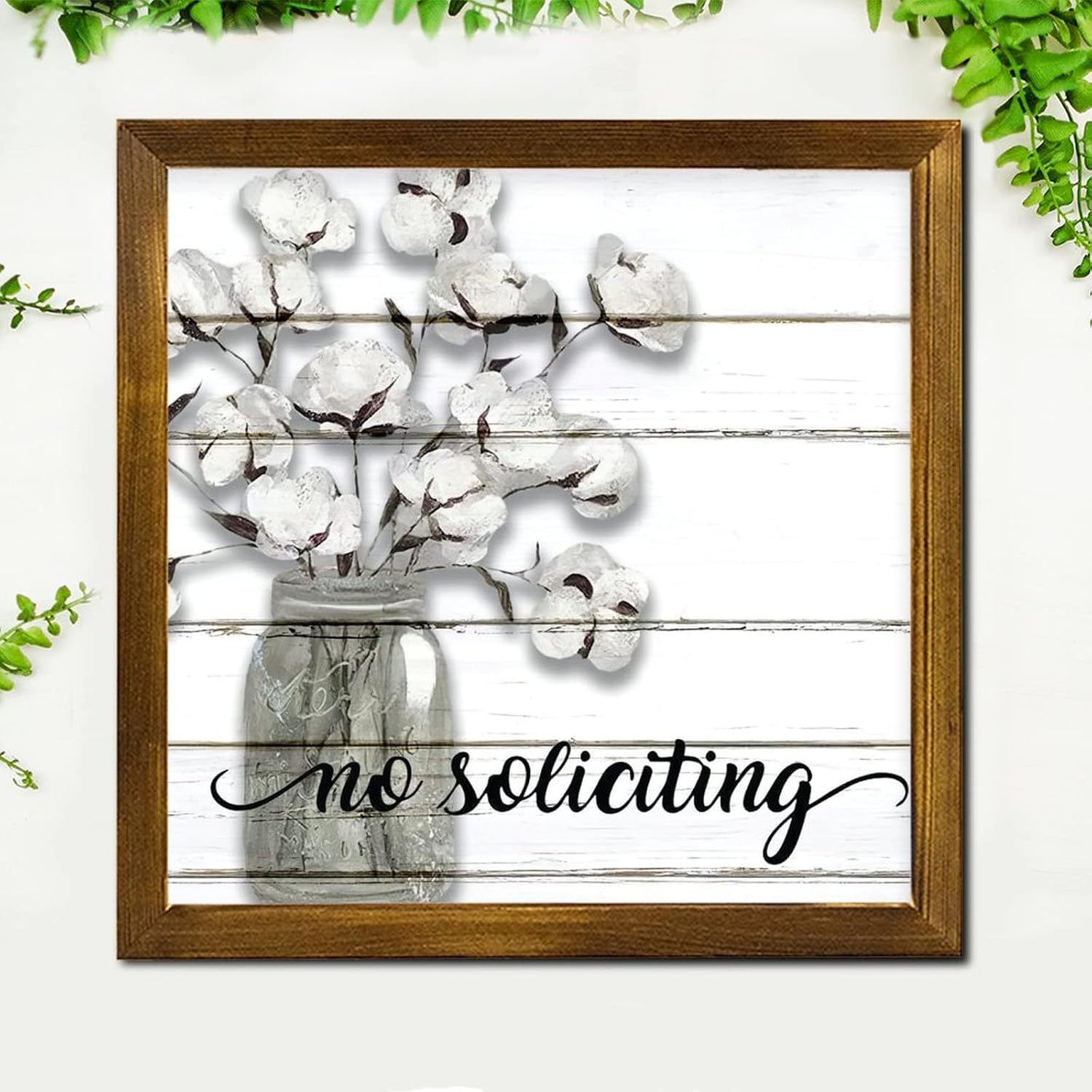 No Soliciting Framed Wood Sign Spring Kapok Flower in Vase Wooden Wall Art Signs Rustic Summer Floral Wall Decor Farmhouse Rustic Wooden for Home Kitchen Bar Room Garage Bedroom 12x12 inch